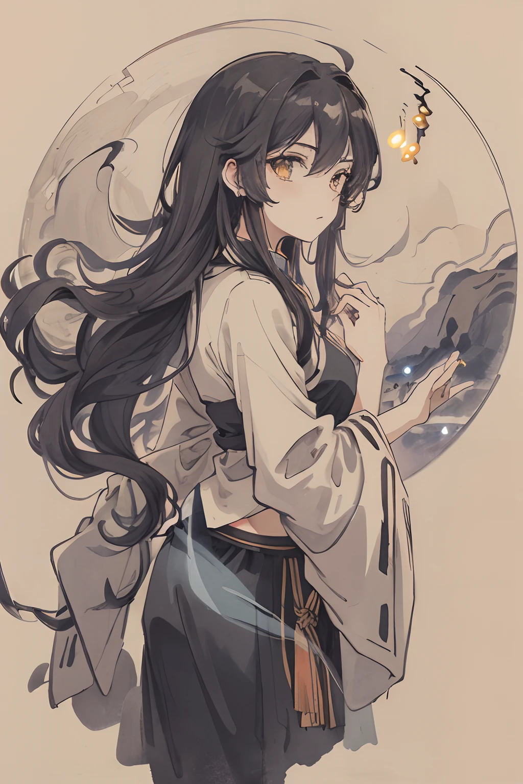 masterpiece, best quality, night, hill, clouds, full moon, long hair, woman, silhouette, fireflies,diaphragm.