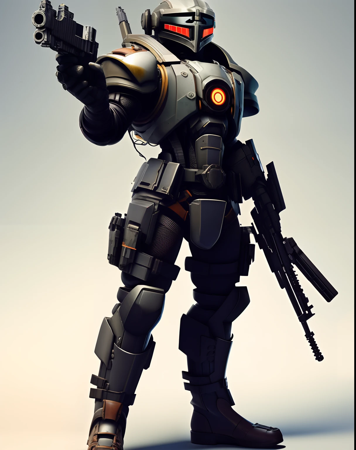centered medium shot, a cartoon character with a gun in his hand and a machine gun in his other hand, standing in front of a white background, military shoes, cybernetic helmet, dusted floor, Doug Aitken, Fernando Amorsolo, mortal kombat stylistic, Altichiero, mecha, concept art, intricately decorated detailed armor elements, rayonism