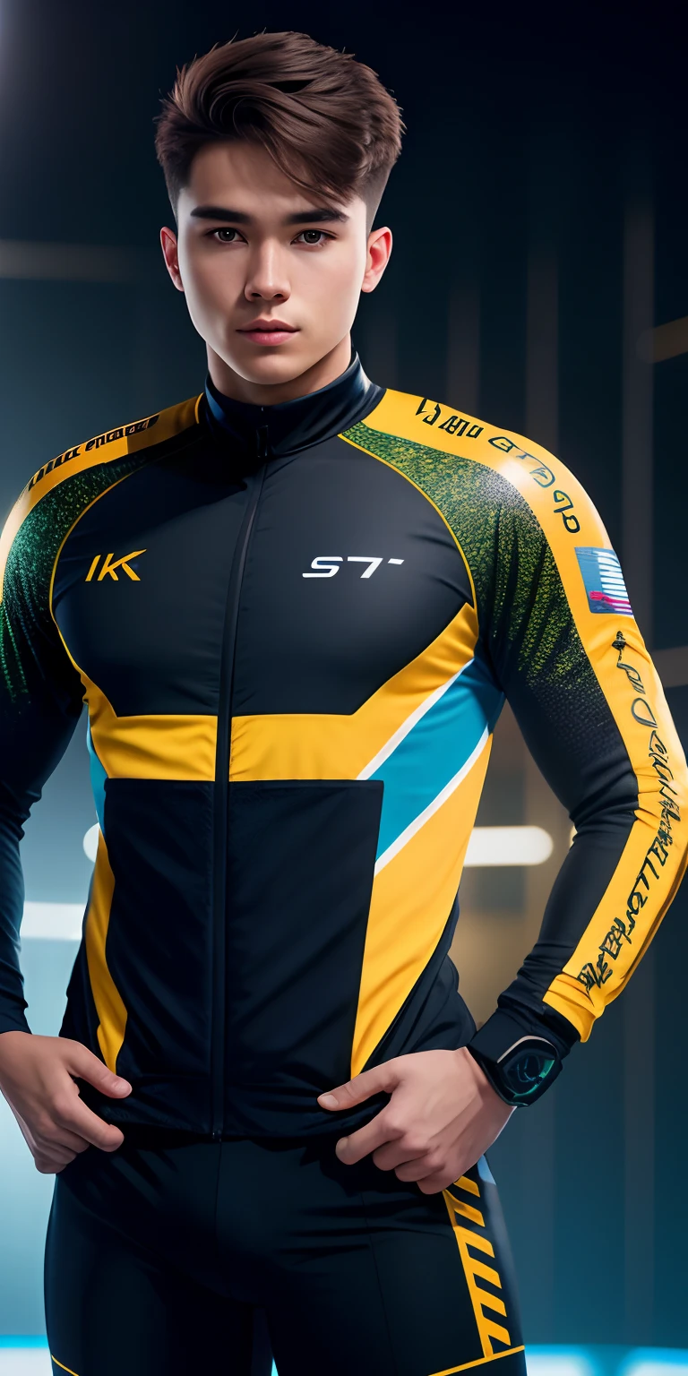 Male, 26 years old, height of 1 meter 8, short hair, looks very deep field, like travel, like sports, well-built, work is artificial intelligence direction, like small animals, wearing a sportswear. 4k HD, photo style, movie lens, vray effect