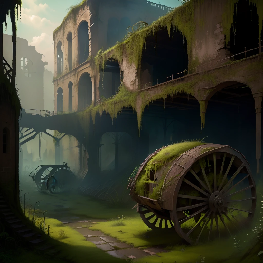 Crumbling chariot factory, covered with moss and overgrown with weeds