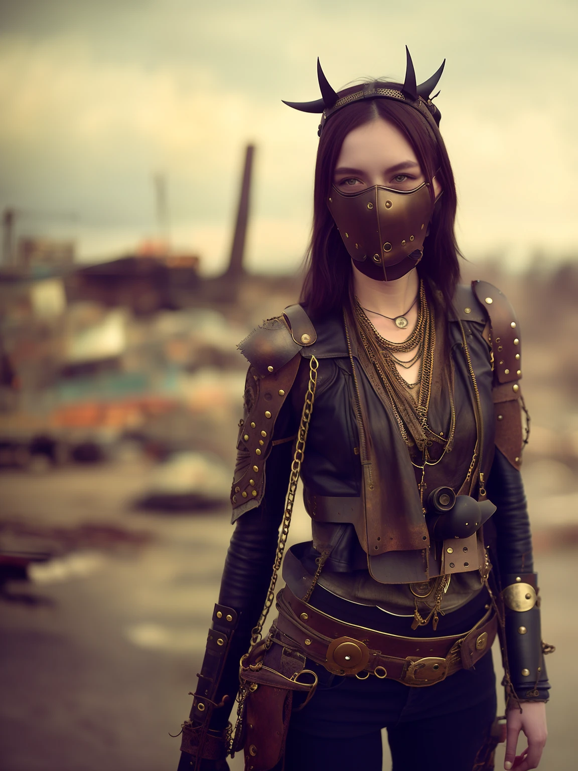 cute skinny girl, mask, fan, post-apocalypse warrior, leather, leather strap, rivets, chain, rope, bronze, bellows, against the backdrop of ruined city, rusty steel structure, ((intricate details)), HDR, ((intricate details, hyper details)), cinematic lens, vignette, perfect (((gorgeous face))), highly detailed, intricate, photo realistic, cinematic lighting