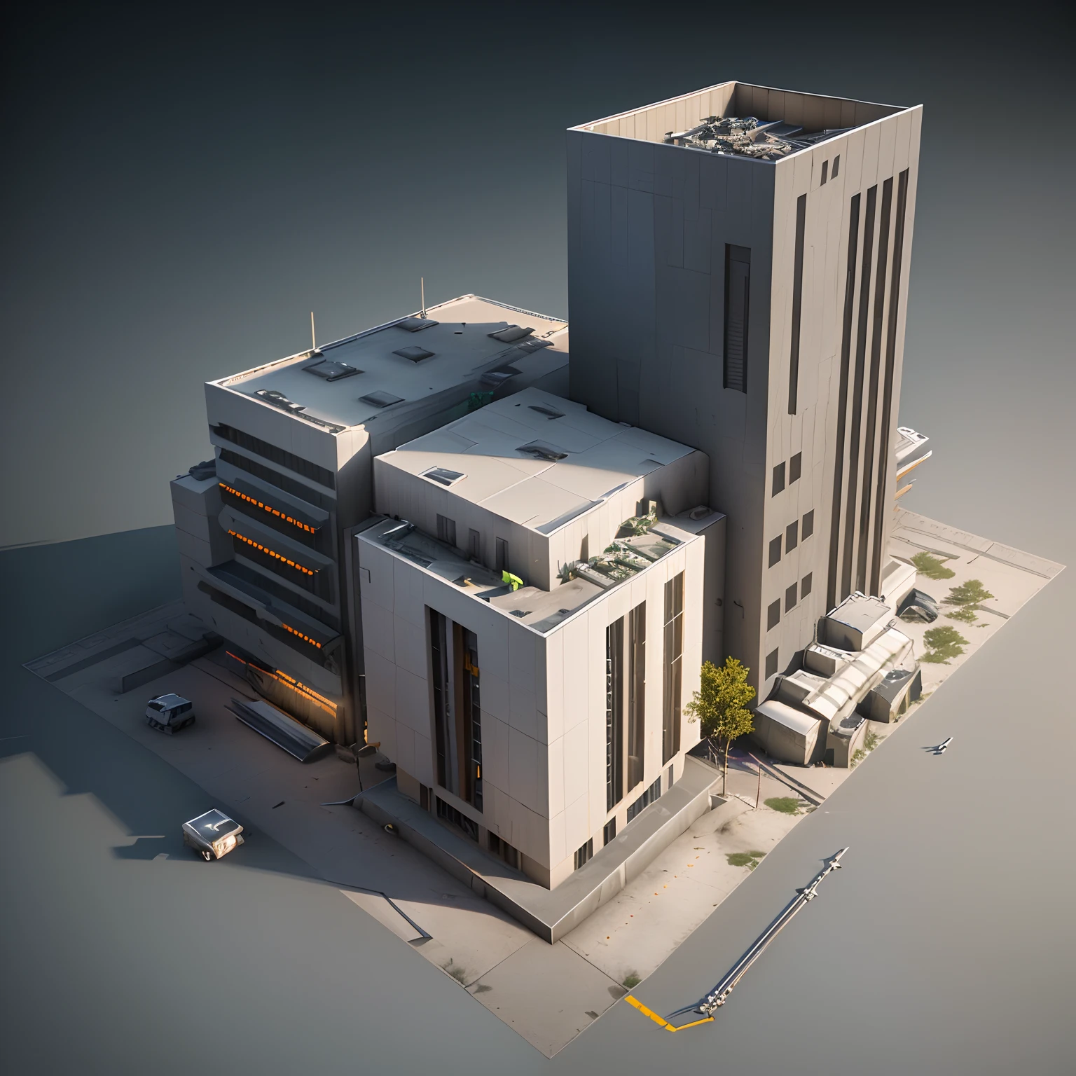 3D model HD rendering, building rendering, straight Angle isometric view, 45 degree Angle, (gray background), high detail, movie, global lighting, reality lighting, Unreal Engine rendering, Substance 3D, octane rendering, (hdr:1.3), (Weapon Factory), rundown, combat damage style