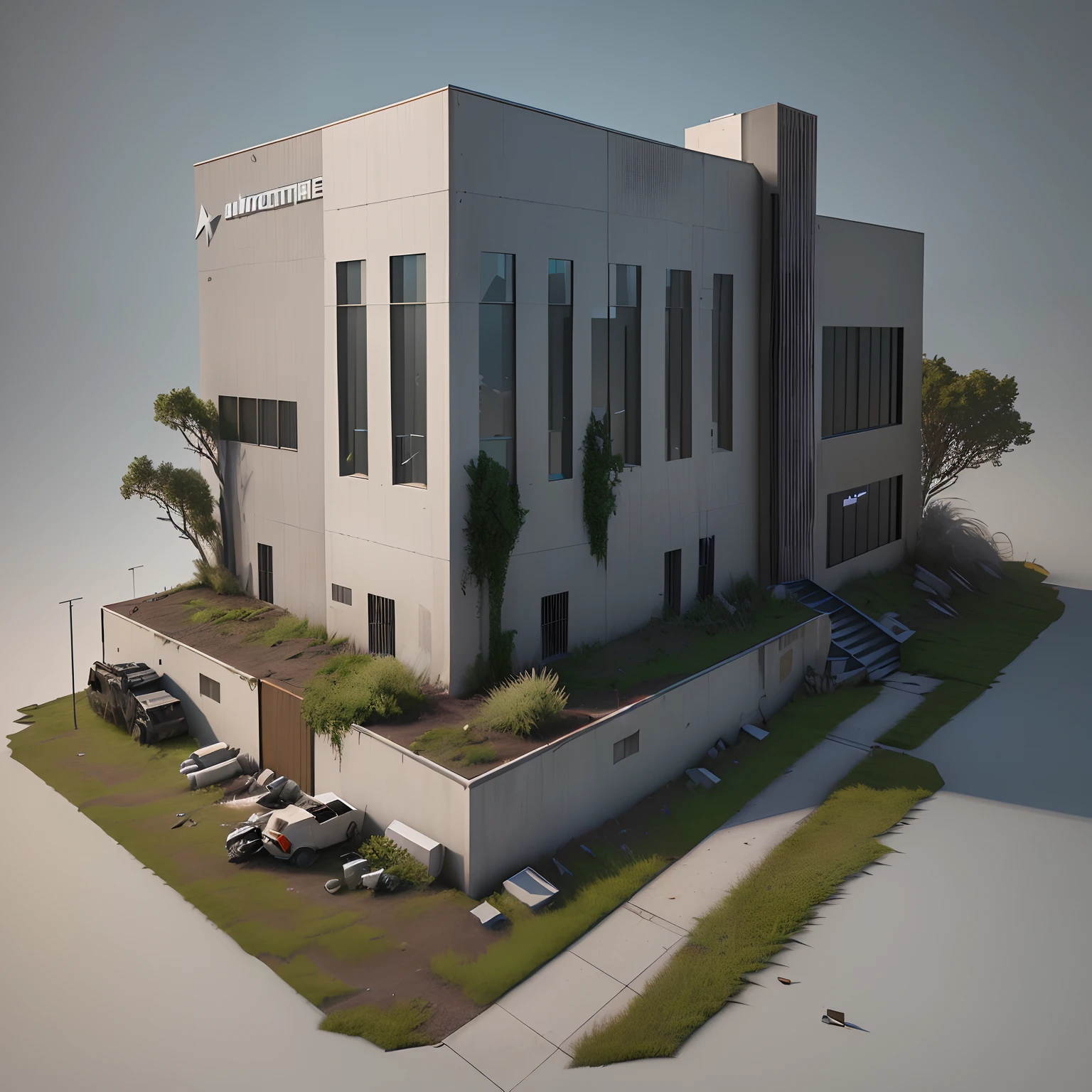 3D model HD rendering, building rendering, straight Angle isometric view, 45 degree Angle, (gray background), high detail, movie, global lighting, reality lighting, Unreal Engine rendering, Substance 3D, octane rendering, (hdr:1.3), (gun weapon factory), rundown, combat damage style, overgrown grass