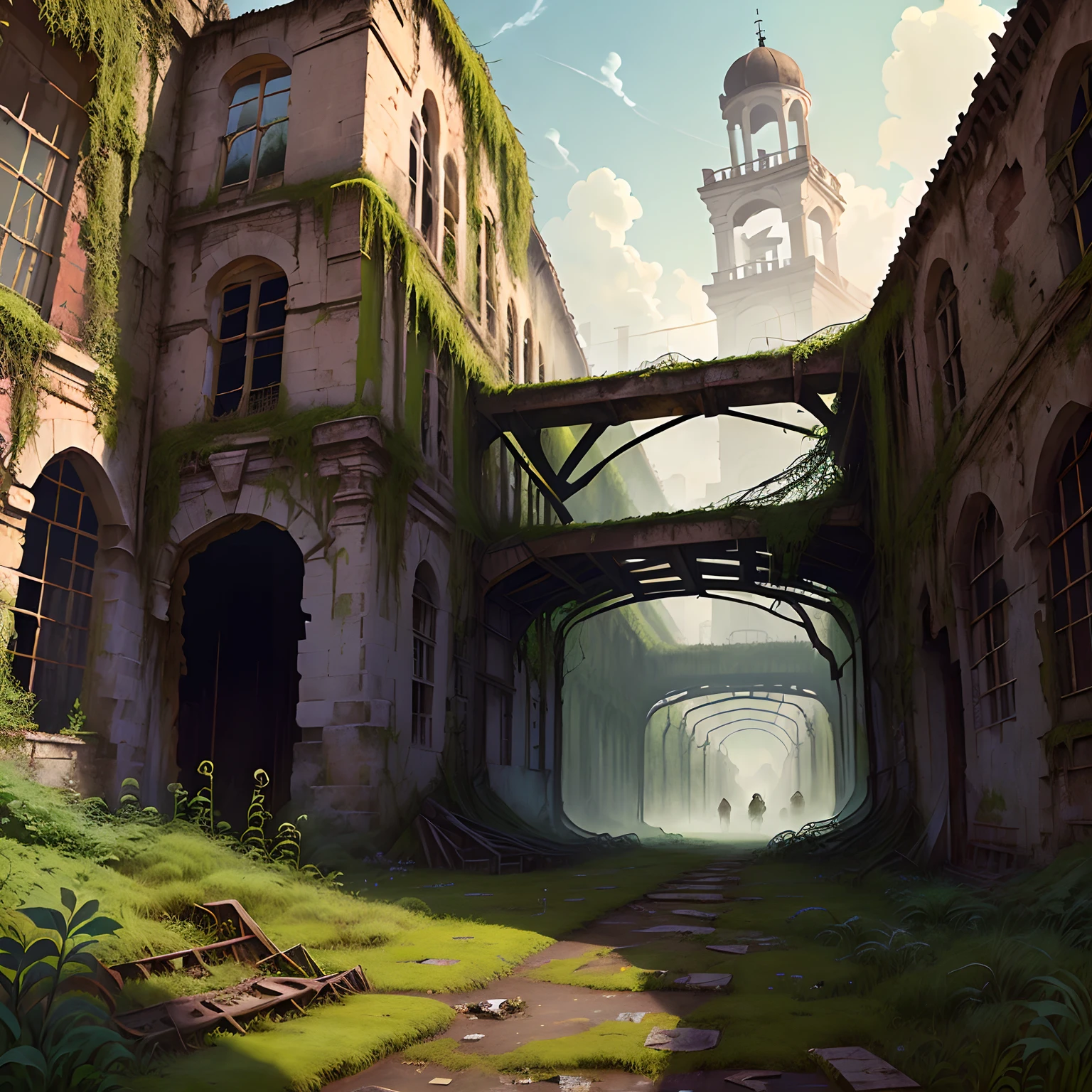 Crumbling chariot factory, covered with moss and overgrown with weeds