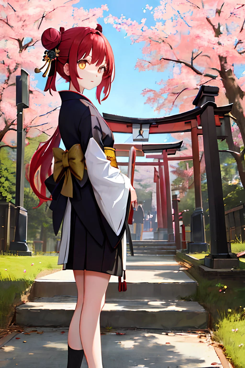 ((masterpiece,best quality)),2girls, black kimono, black legwear, black ribbon, black hair, cherry blossoms, day, flower, hair bun, hair ribbon, japanese clothes, kimono, long hair, looking at viewer, looking back, multiple girls, obi, outdoors, red eyes, red hair, ribbon, sandals, single hair bun, stairs, standing, statue, torii, tree, white kimono, yellow eyes