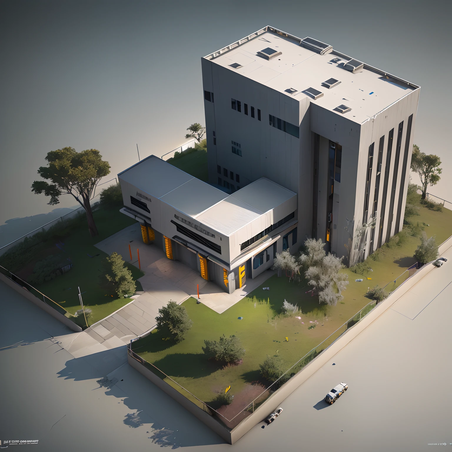 3D model HD rendering, building rendering, straight Angle isometric view, 45 degree Angle, (gray background), high detail, movie, global lighting, reality lighting, Unreal Engine rendering, Substance 3D, octane rendering, (hdr:1.3), (gun weapon factory), rundown, combat damage style, overgrown grass