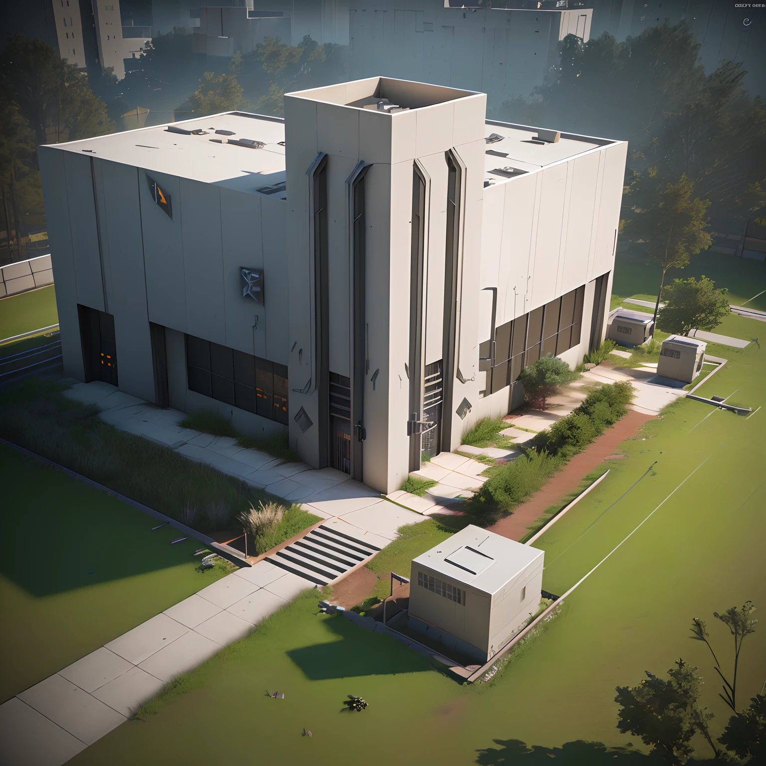 3D model HD rendering, building rendering, straight Angle isometric view, 45 degree Angle, (gray background), high detail, movie, global lighting, reality lighting, Unreal Engine rendering, Substance 3D, octane rendering, (hdr:1.3), (gun weapon factory), rundown, combat damage style, overgrown grass