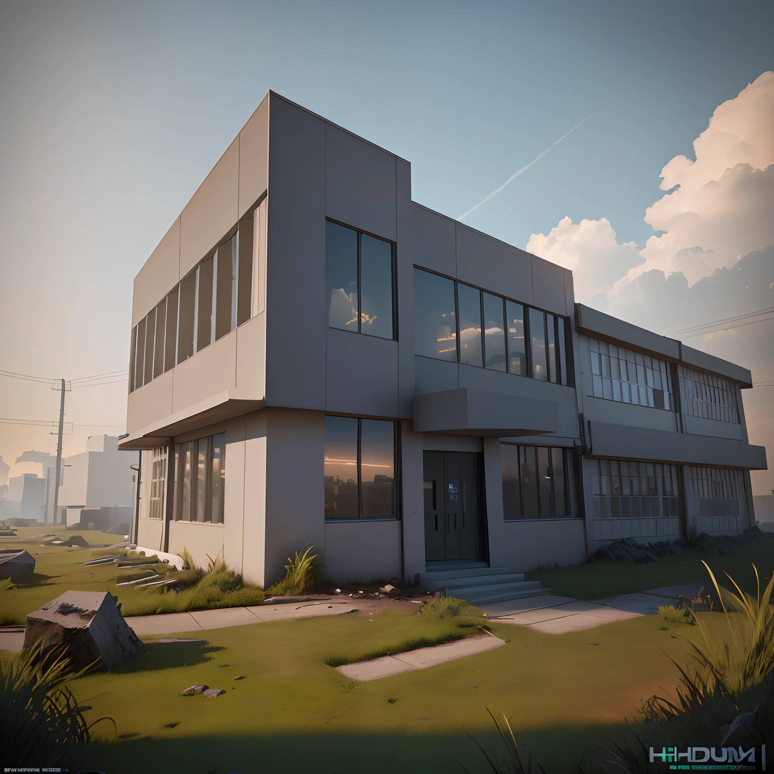 3D model HD rendering, building rendering, straight Angle isometric view, 45 degree Angle, (gray background), high detail, movie, global lighting, reality lighting, Unreal Engine rendering, Substance 3D, octane rendering, (hdr:1.3), (gun weapon factory), rundown, combat damage style, overgrown grass