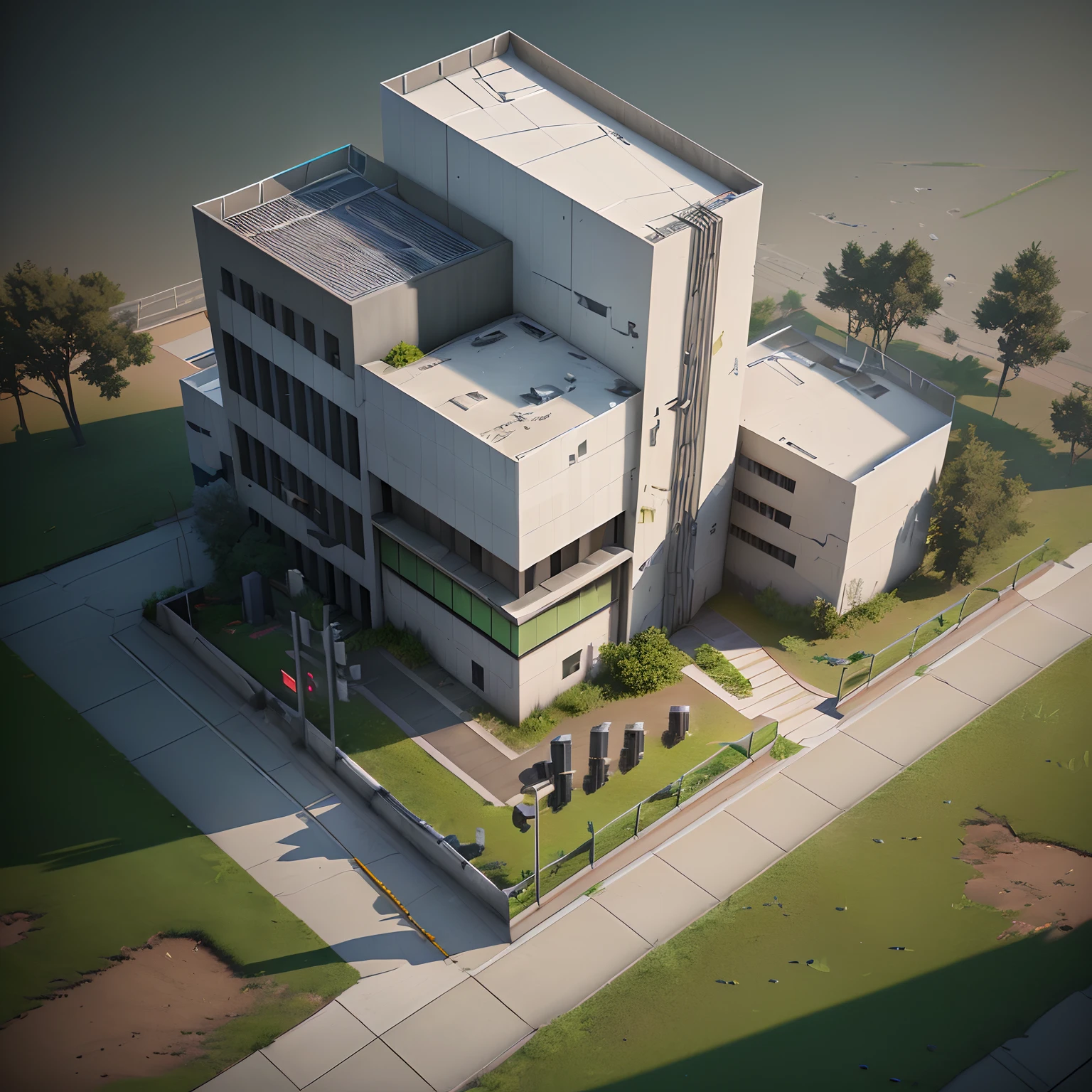 3D model HD rendering, building rendering, straight Angle isometric view, 45 degree Angle, (gray background), high detail, movie, global lighting, reality lighting, Unreal Engine rendering, Substance 3D, octane rendering, (hdr:1.3), (gun weapon factory), rundown, combat damage style, overgrown grass
