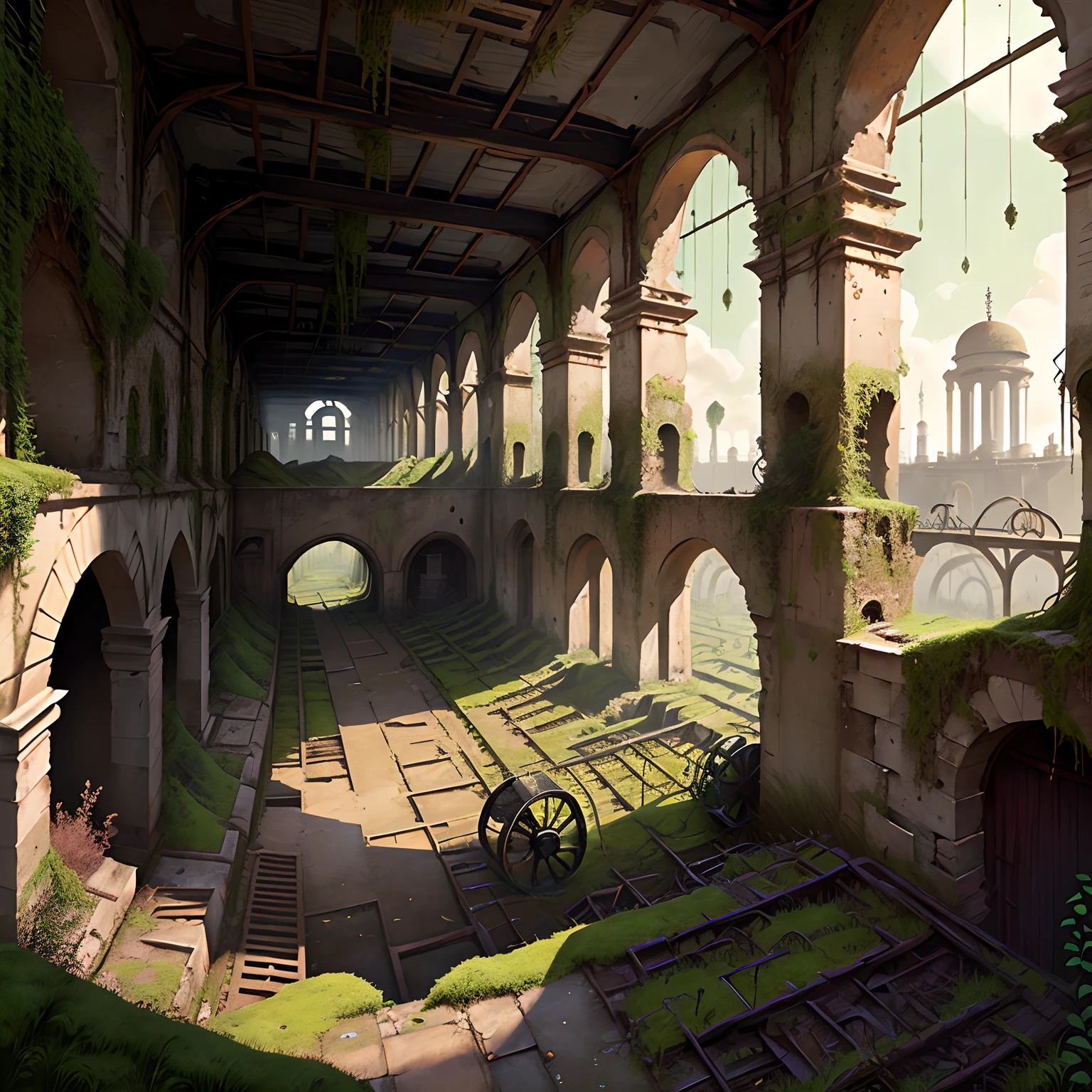 Crumbling chariot factory, covered with moss and overgrown with weeds