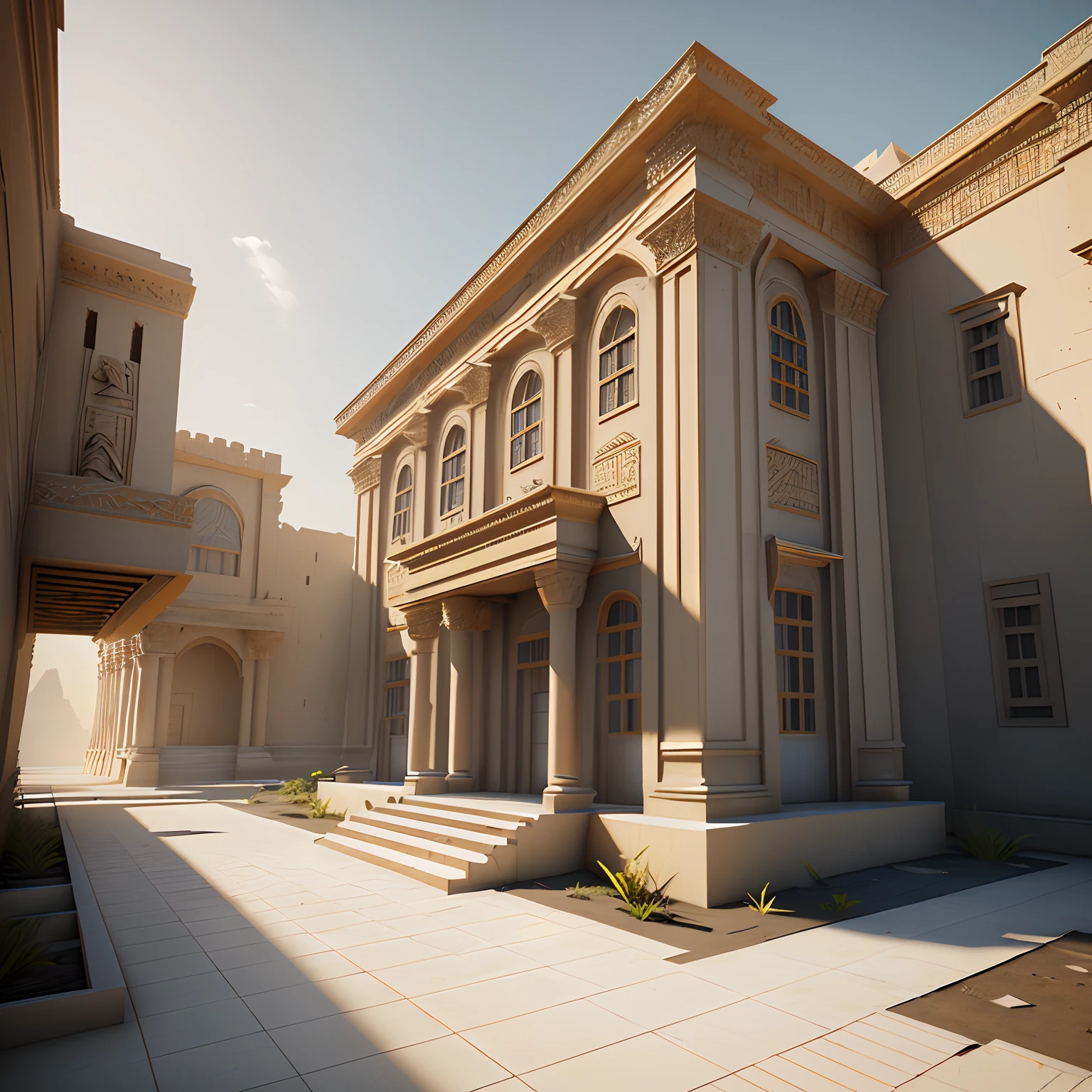 3D model HD rendering, building rendering, straight Angle isometric view, 45 degree Angle, (grey background), high detail, film, global lighting, reality lighting, Unreal Engine rendering, Substance 3D, octane rendering, (hdr:1.3), (Egyptian style architecture), rundown, combat damage style, overgrown weeds