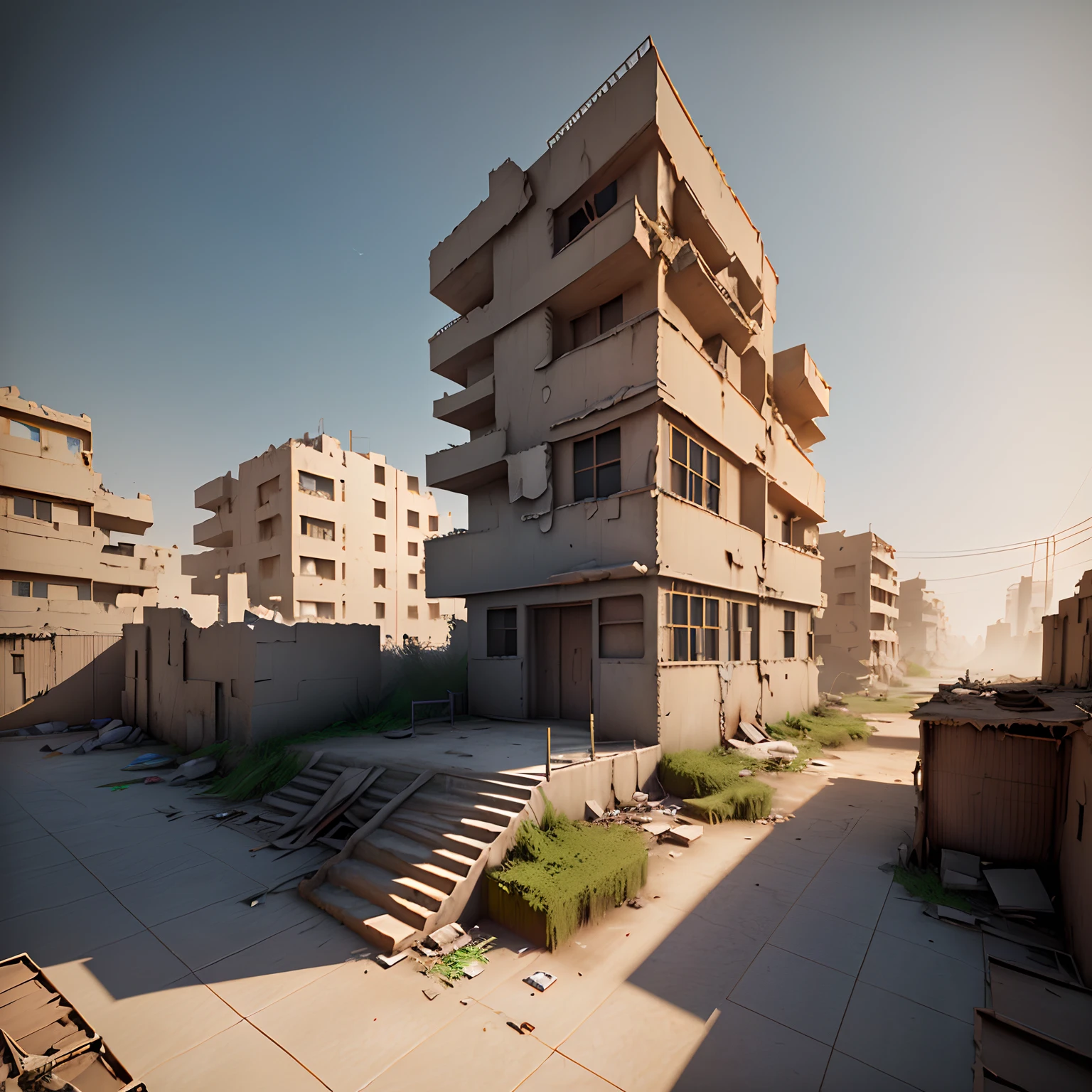 3D model HD rendering, architectural rendering, right Angle isometric view, 45 degree Angle, (gray background), high detail, film, global lighting, reality lighting, Unreal Engine rendering, Substance 3D, Octane rendering, (hdr:1.3), (Egyptian slum architecture), Crash, combat damage style, overgrown weeds