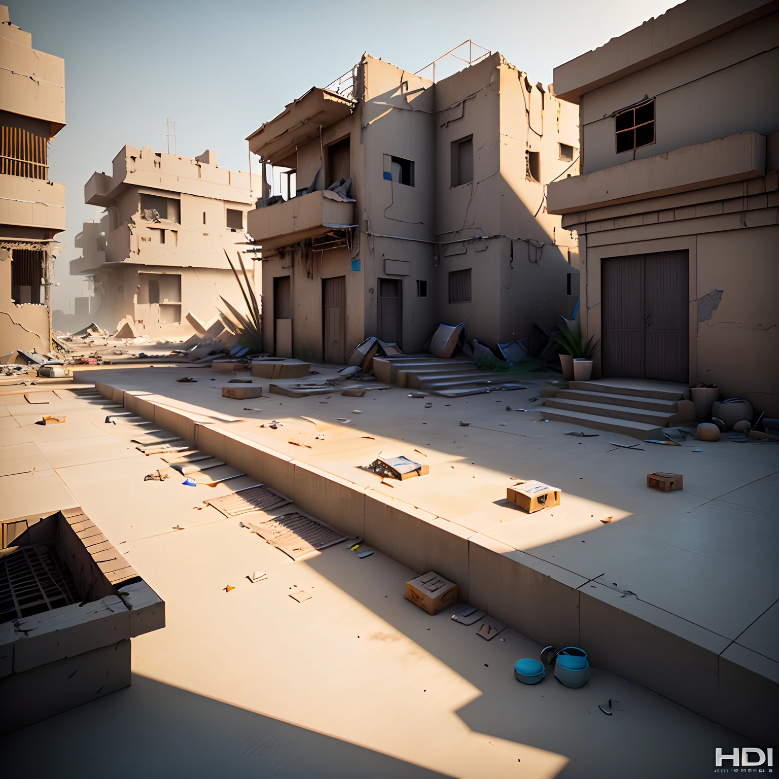 3D model HD rendering, architectural rendering, right Angle isometric view, 45 degree Angle, (gray background), high detail, film, global lighting, reality lighting, Unreal Engine rendering, Substance 3D, Octane rendering, (hdr:1.3), (Egyptian slum architecture), Crash, combat damage style, overgrown weeds