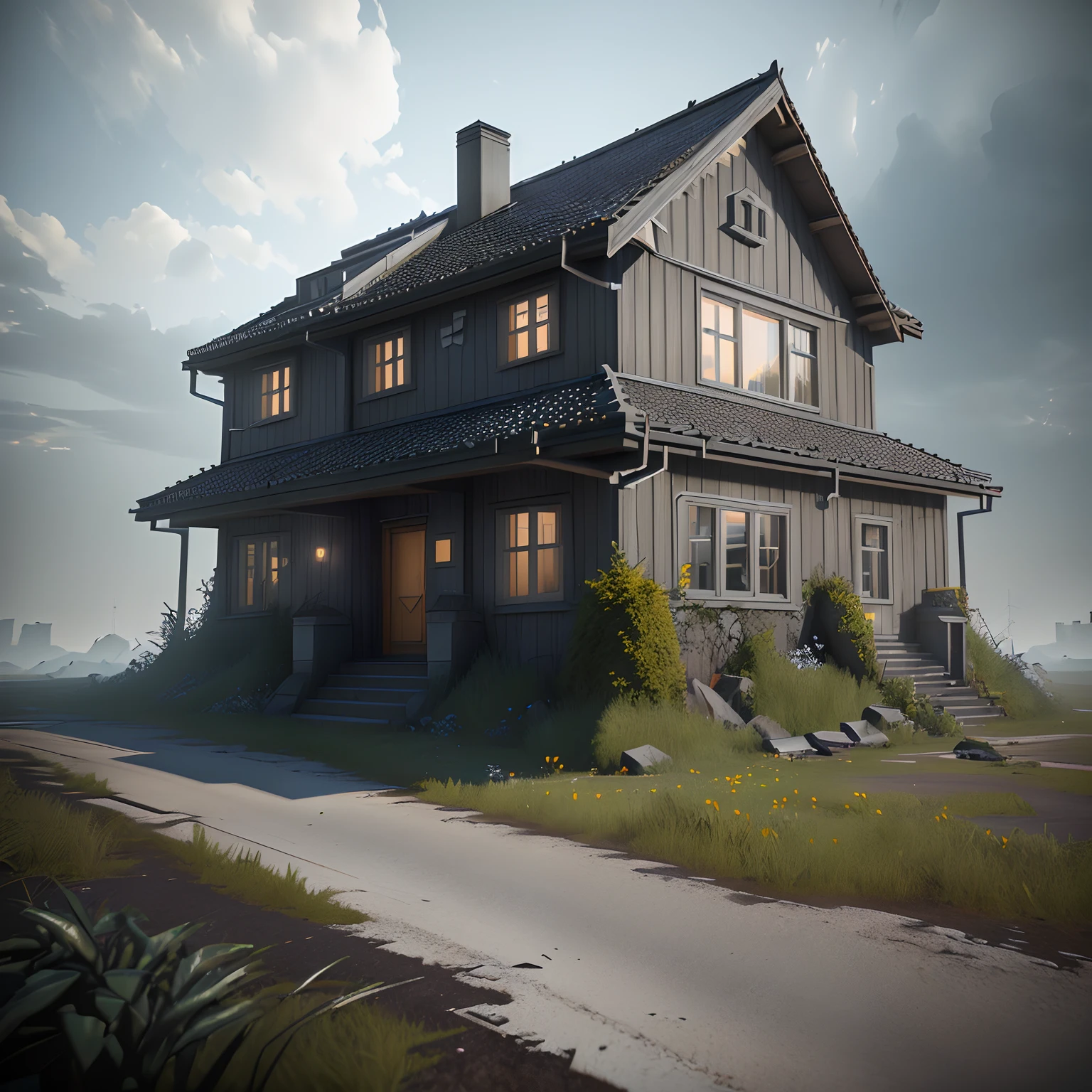 3D model HD rendering, architectural rendering, right Angle isometric view, 45 degree Angle, (grey background), high detail, film, global lighting, reality lighting, Unreal Engine rendering, Substance 3D, Octane rendering, (hdr:1.3), (Old Nordic style), Crash, Combat damage style, overgrown weeds