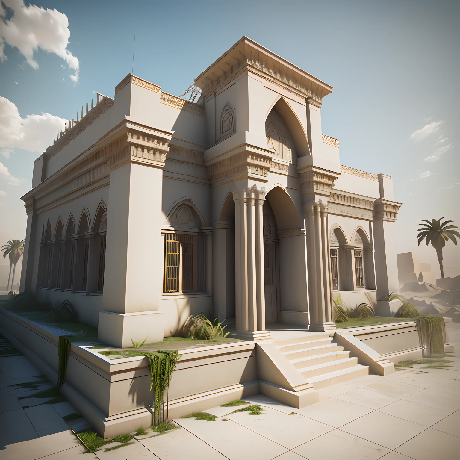 3D model HD rendering, building rendering, straight Angle isometric view, 45 degree Angle, (grey background), high detail, film, global lighting, reality lighting, Unreal Engine rendering, Substance 3D, octane rendering, (hdr:1.3), (Egyptian style architecture), rundown, combat damage style, overgrown weeds