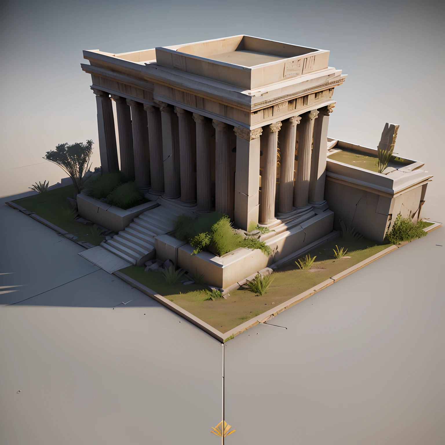3D model HD rendering, architectural rendering, right Angle isometric view, 45 degree Angle, (gray background), high detail, film, global lighting, reality lighting, Unreal Engine rendering, Substance 3D, Octane rendering, (hdr:1.3), (Ancient Egyptian style), Crash, Combat damage style, overgrown weeds