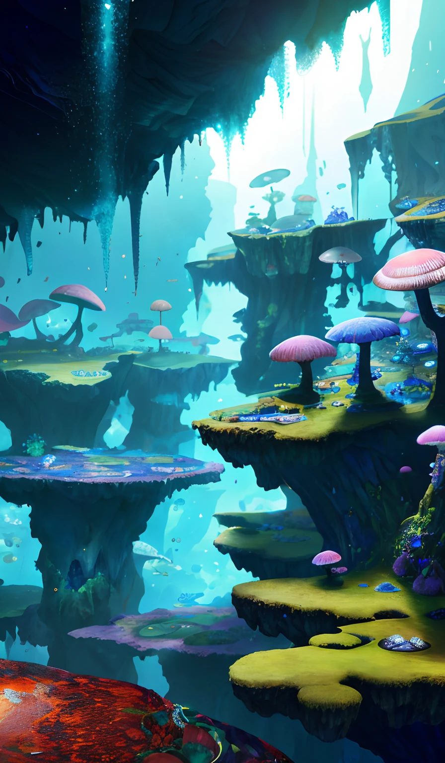 ((perspective)) microscopic world, far view, underground fantasy,((masterpiece)), best quality, high quality, ((extremely detailed CG unity 8k wallpaper)),(fantasy), The underground world, full of glowing fungi, ((abyss)), There are staggered stone platforms in the abyss, with small glowing plants,,3D Digital Paintings,award winning photography, Bokeh, Depth of Field, HDR, Chromatic Aberration ,Photorealistic,extremely detailed, trending on artstation, trending on CGsociety, Intricate, High Detail, dramatic, art by midjourney,
