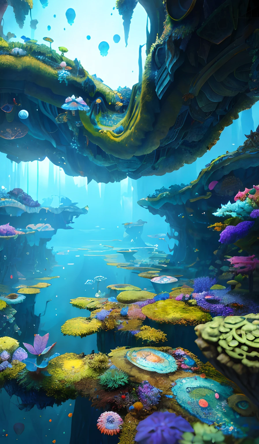 ((perspective)) microscopic world, far view, underground fantasy,((masterpiece)), best quality, high quality, ((extremely detailed CG unity 8k wallpaper)),(fantasy), The underground world, full of glowing fungi, ((abyss)), There are staggered stone platforms in the abyss, with small glowing plants,,3D Digital Paintings,award winning photography, Bokeh, Depth of Field, HDR, Chromatic Aberration ,Photorealistic,extremely detailed, trending on artstation, trending on CGsociety, Intricate, High Detail, dramatic, art by midjourney,