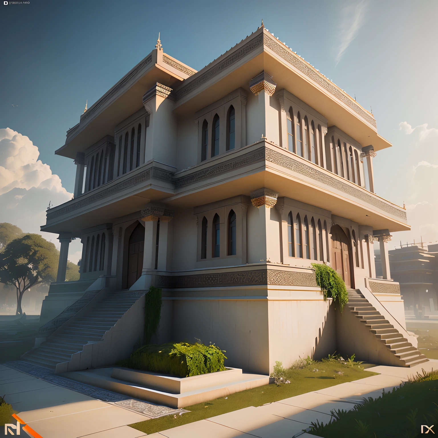 3D model HD rendering, building rendering, right Angle isometric view, 45 degree Angle, (gray background), high detail, film, global lighting, reality lighting, Unreal Engine rendering, Substance 3D, Octane rendering, (hdr:1.3), (Indian style architecture), Crash, Combat damage style, overgrown weeds