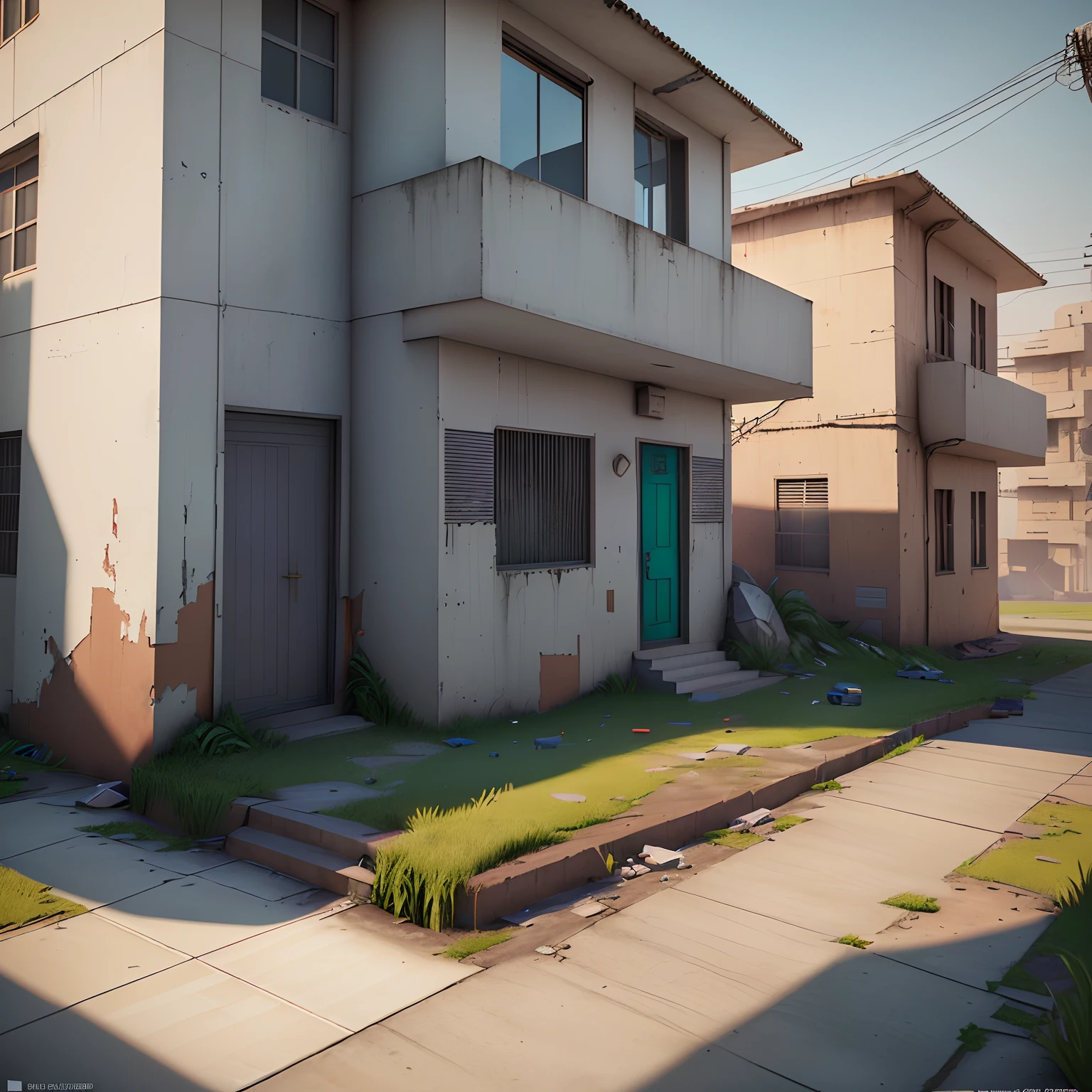 3D model HD rendering, building rendering, right Angle isometric view, 45 degree Angle, (grey background), high detail, film, global lighting, reality lighting, Unreal Engine rendering, Substance 3D, Octane rendering, (hdr:1.3), (Indian ghetto architecture), Crash, combat damage style, overgrown weeds