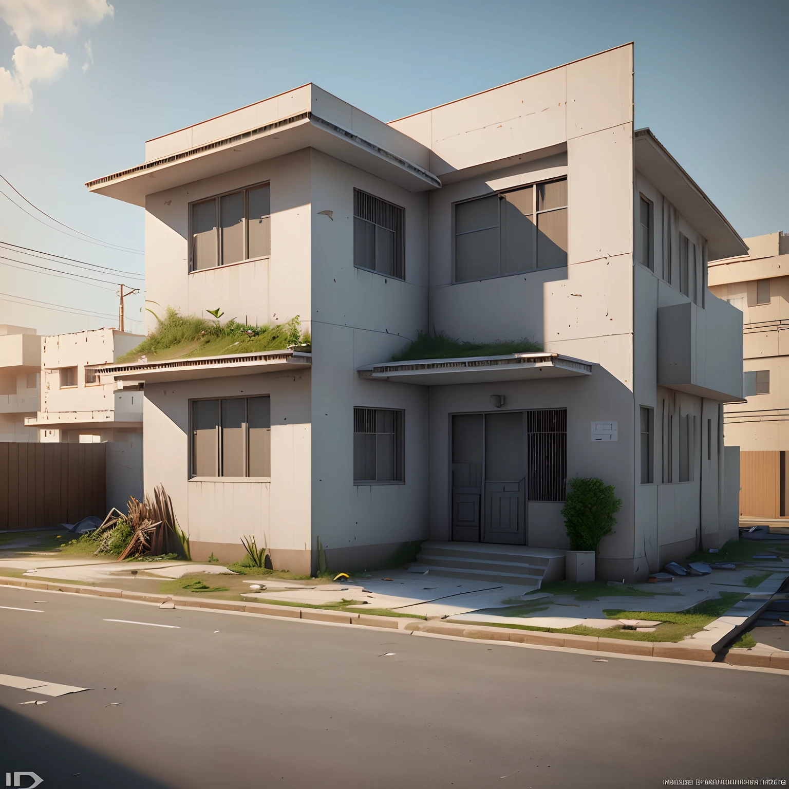 3D model HD rendering, building rendering, right Angle isometric view, 45 degree Angle, (grey background), high detail, film, global lighting, reality lighting, Unreal Engine rendering, Substance 3D, Octane rendering, (hdr:1.3), (Indian ghetto architecture), Crash, combat damage style, overgrown weeds