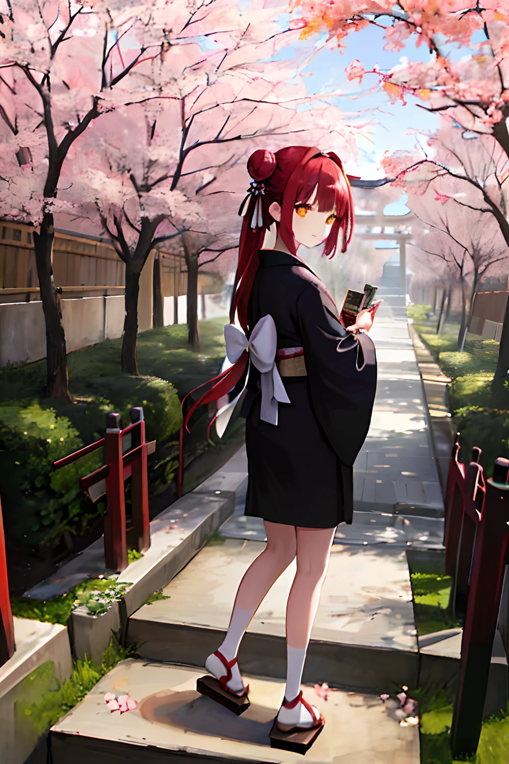 ((masterpiece,best quality)),2girls, black kimono, black legwear, black ribbon, black hair, cherry blossoms, day, flower, hair bun, hair ribbon, japanese clothes, kimono, long hair, looking at viewer, looking back, multiple girls, obi, outdoors, red eyes, red hair, ribbon, sandals, single hair bun, stairs, standing, statue, torii, tree, white kimono, yellow eyes
