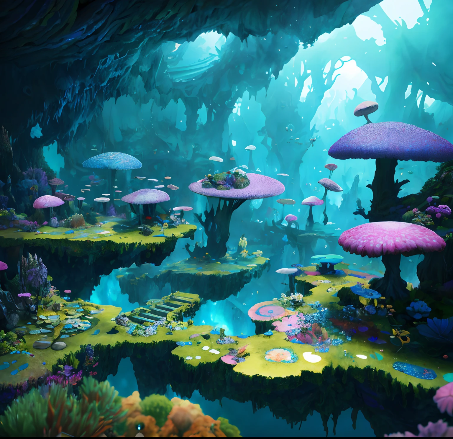 ((perspective)) microscopic world, far view, underground fantasy,((masterpiece)), best quality, high quality, ((extremely detailed CG unity 8k wallpaper)),(fantasy), The underground world, full of glowing fungi, ((abyss)), There are staggered stone platforms in the abyss, with small glowing plants,,3D Digital Paintings,award winning photography, Bokeh, Depth of Field, HDR, Chromatic Aberration ,Photorealistic,extremely detailed, trending on artstation, trending on CGsociety, Intricate, High Detail, dramatic, art by midjourney,