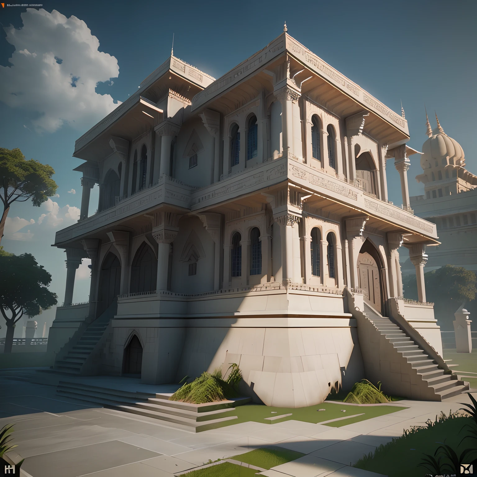 3D model HD rendering, building rendering, right Angle isometric view, 45 degree Angle, (gray background), high detail, film, global lighting, reality lighting, Unreal Engine rendering, Substance 3D, Octane rendering, (hdr:1.3), (Indian style architecture), Crash, Combat damage style, overgrown weeds