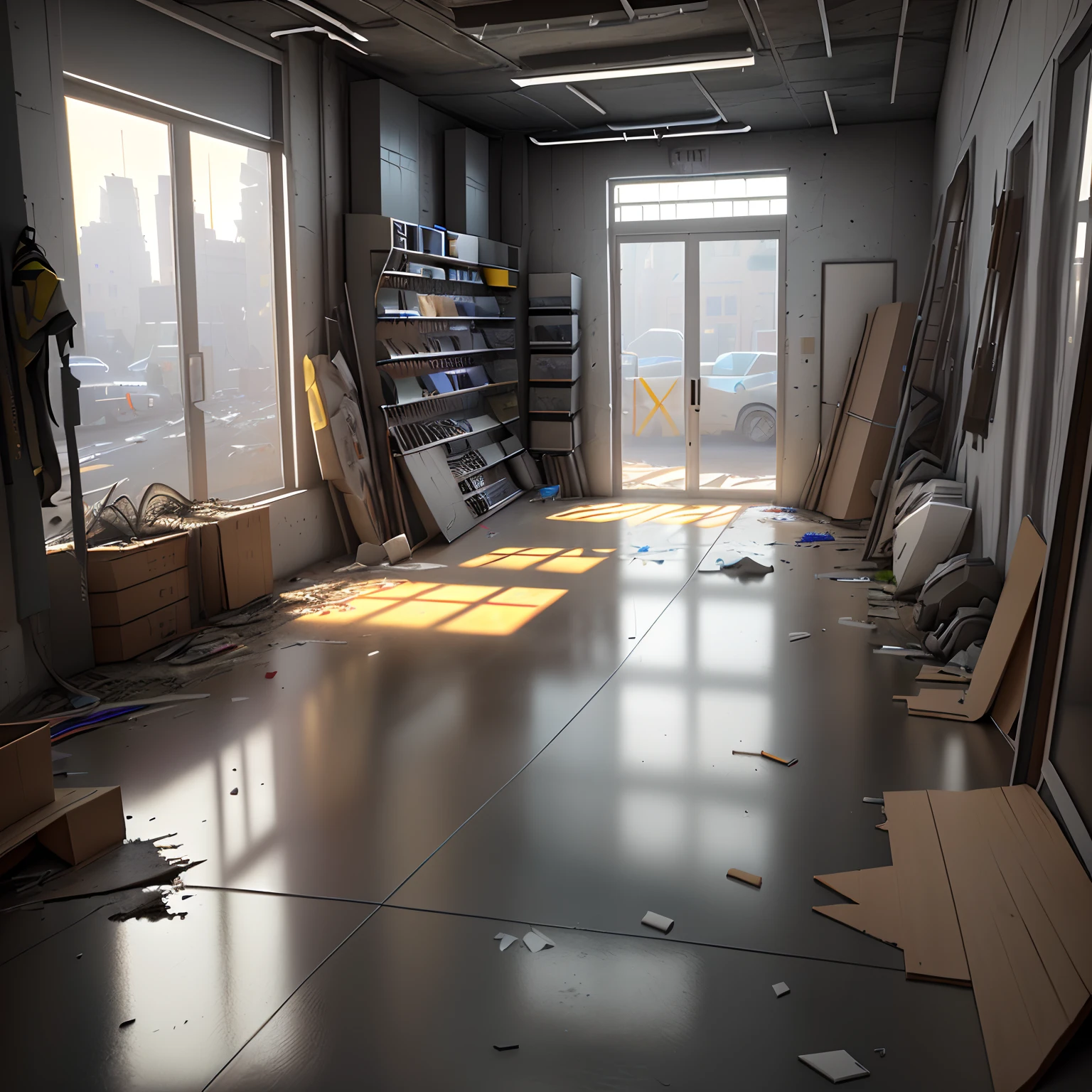 3D model HD rendering, building rendering, right Angle isometric view, 45 degree Angle, (gray background), high detail, movie, global lighting, reality lighting, Unreal Engine rendering, Substance 3D, Octane rendering, (hdr:1.3), (messy run-down street store, all over the floor), Crash, combat damage style, overgrown weeds