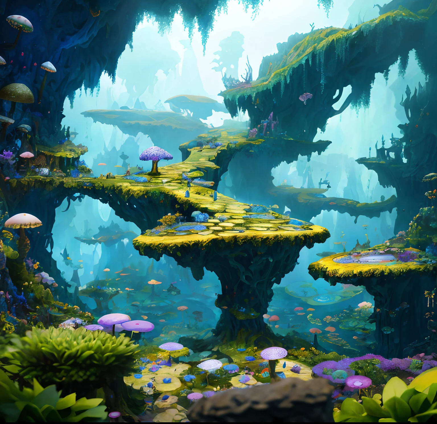 ((perspective)) microscopic world, far view, underground fantasy,((masterpiece)), best quality, high quality, ((extremely detailed CG unity 8k wallpaper)),(fantasy), The underground world, full of glowing fungi, ((abyss)), There are staggered stone platforms in the abyss, with small glowing plants,,3D Digital Paintings , Bokeh, Depth of Field, HDR, Chromatic Aberration , Hand drawn style, trending on artstation, trending on CGsociety, Intricate, High Detail, dramatic, art by midjourney,