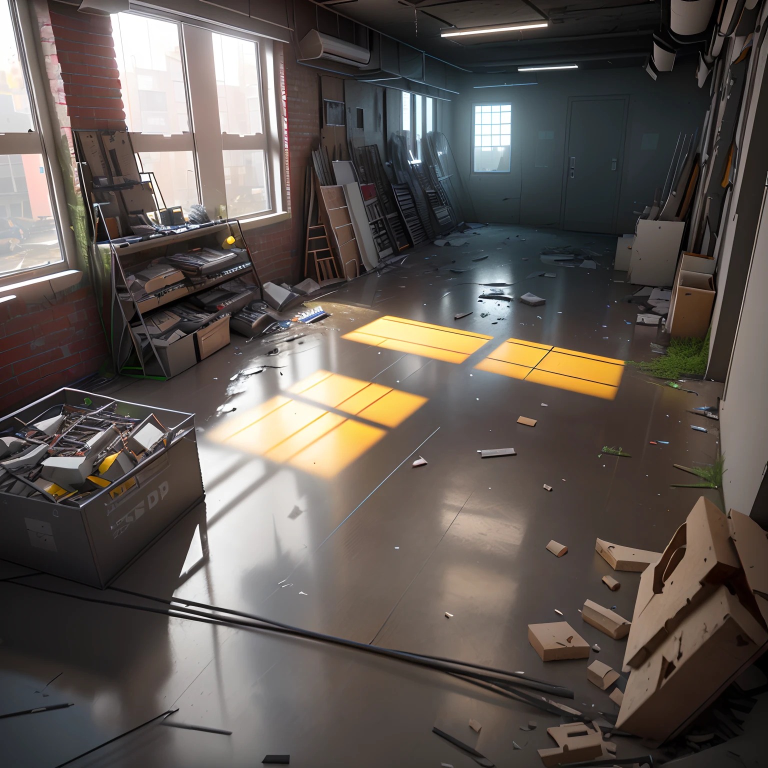3D model HD rendering, building rendering, right Angle isometric view, 45 degree Angle, (gray background), high detail, movie, global lighting, reality lighting, Unreal Engine rendering, Substance 3D, Octane rendering, (hdr:1.3), (messy run-down street store, all over the floor), Crash, combat damage style, overgrown weeds