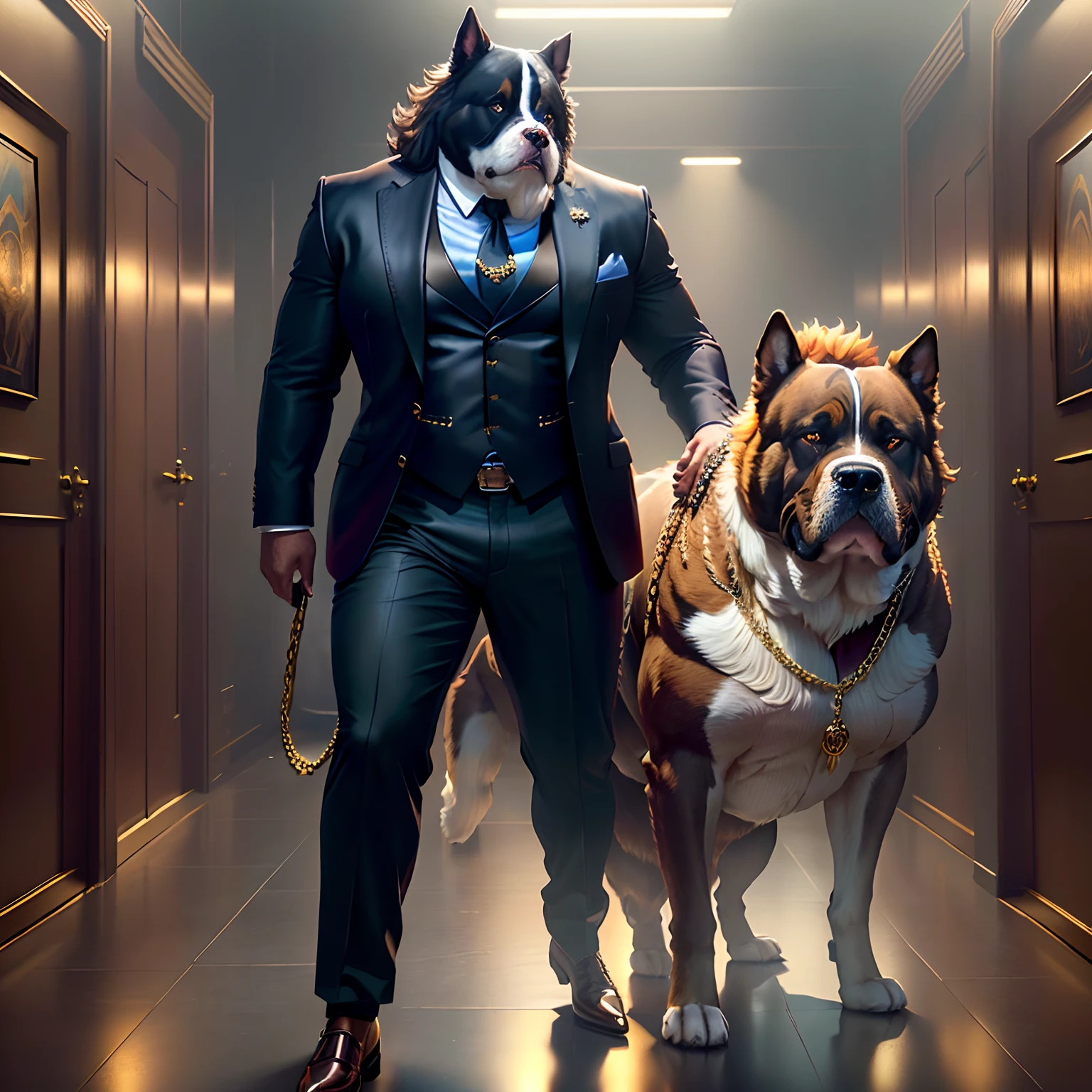 A bully dog, gangster bully dog, big gold chain, suit, shirt, pants, leather shoes, front view,fluffy hair, anthropomorphic expressions, rich colors, exquisite details, masterpiece, realistic,artsation, cg, realistic, Unreal Engine , real light and shadow, beautiful rich colors, amazing details, high quality