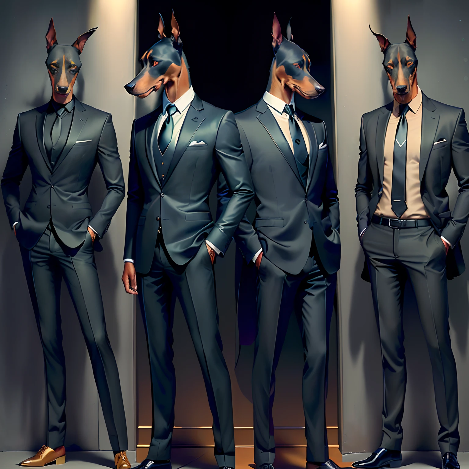 （animal）((a Doberman pinscher in a suit shirt and tie)), full body shot, (panorama), gangster, anthropomorphic expressions, rich colors, fine details, realistic, Unreal Engine, real lighting, beautiful and rich Colors, Stunning Details, High Quality