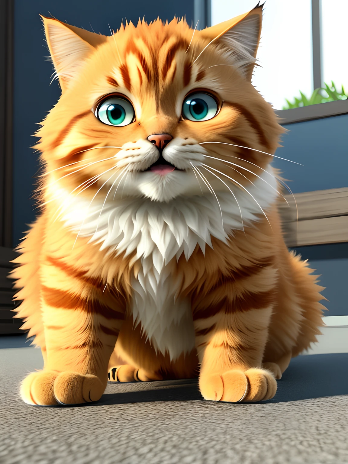 A cat (Garfield), blue fluffy hair, short legs, cute, big round face, big eyes, lying on all fours with open mouth and stretching, wearing a beach shirt, 2k, 4k, FHD, artsation, cg, realistic, Unreal Engine , real light and shadow, beautiful rich colors, amazing details, masterpiece