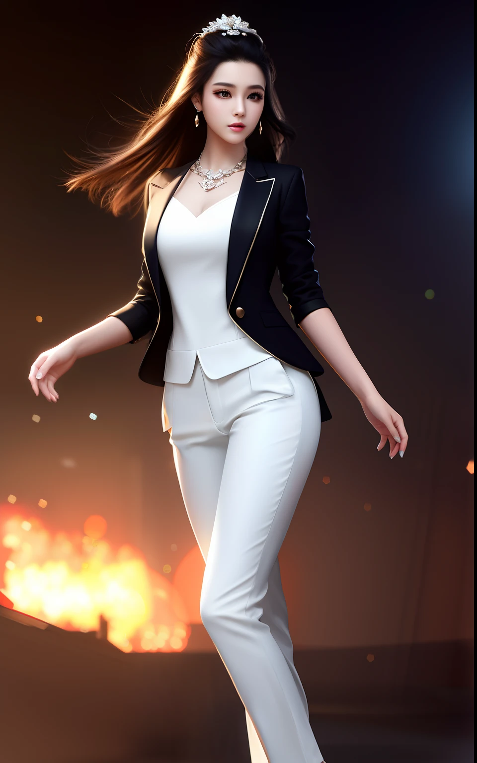 best quality, masterpiece, highres, 1girl,china dress,hair ornament,necklace, jewelry,Beautiful face,upon_body, tyndall effect,photorealistic, dark studio, rim lighting, two tone lighting,(high detailed skin:1.2), 8k uhd, dslr, soft lighting, high quality, volumetric lighting, candid, Photograph, high resolution, 4k, 8k, Bokeh,Professional black women's suit jacket, white shirt, black silk pants, long legs, professional high heels,