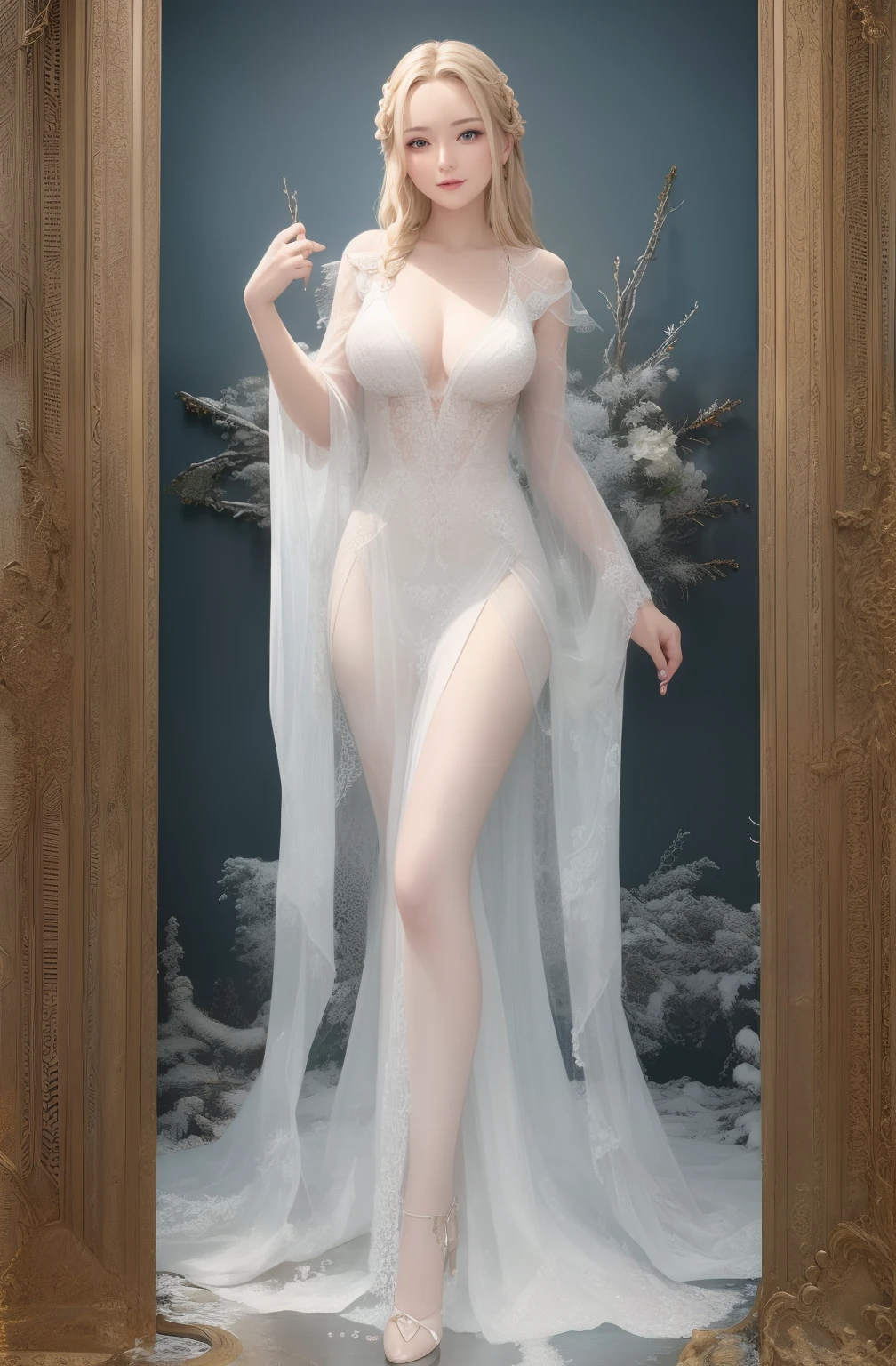 best quality, masterpiece, upper body,
adult woman, (light smile:0.6),
braided blonde hair,
aquamarine eyes,
see-through open gown,
snowy,