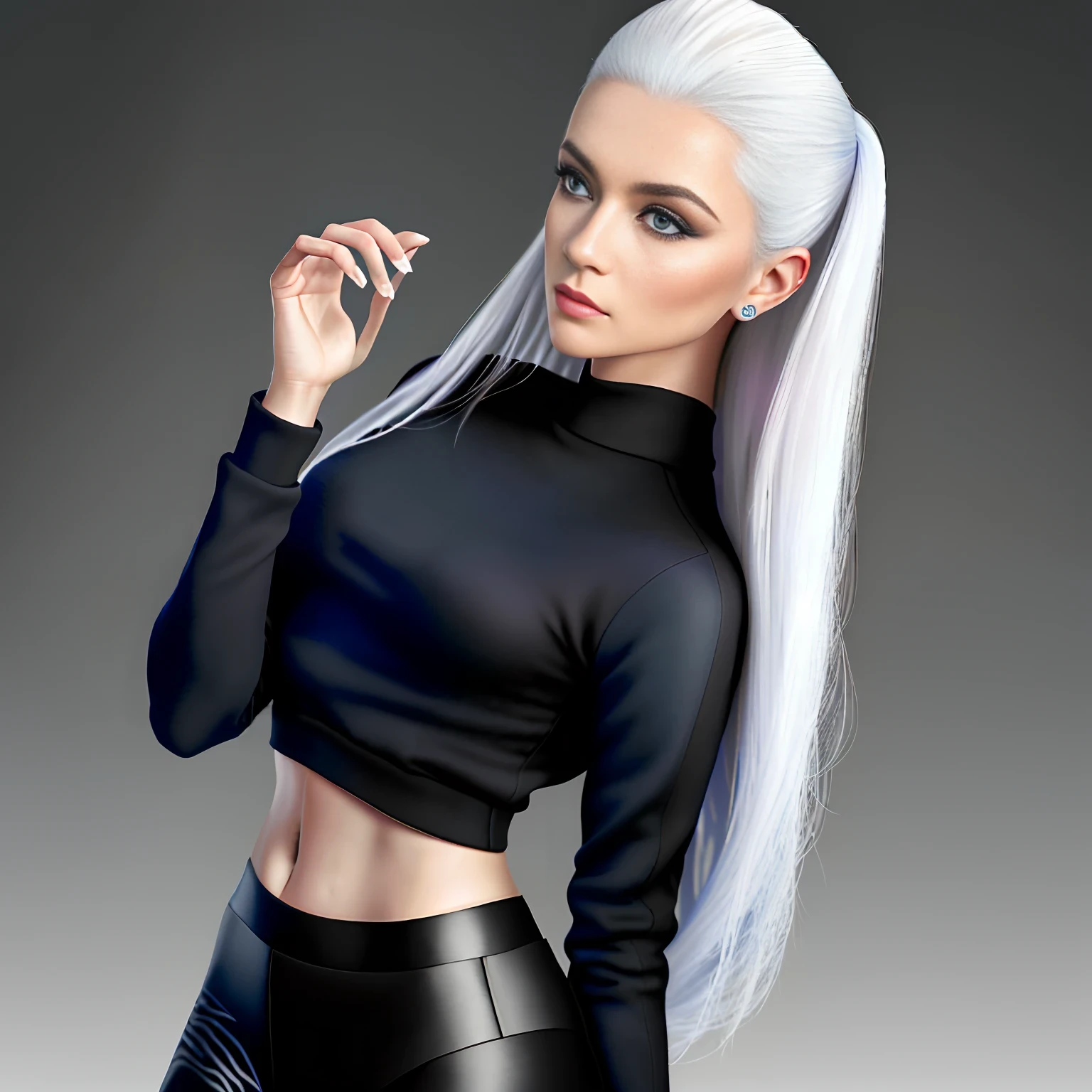 photo of a gorgeous young woman in the style of stefan kostic, realistic skin texture, looks up,black sweatshirt, 1 / 2 body crop, 8 5 mm art lens, f 1. 2, sharp focus, 8 k high definition, insanely detailed, intricate, elegant, art by stanley lau and artgerm, white hair, very confident in her beauty and strentgh, blue eyes