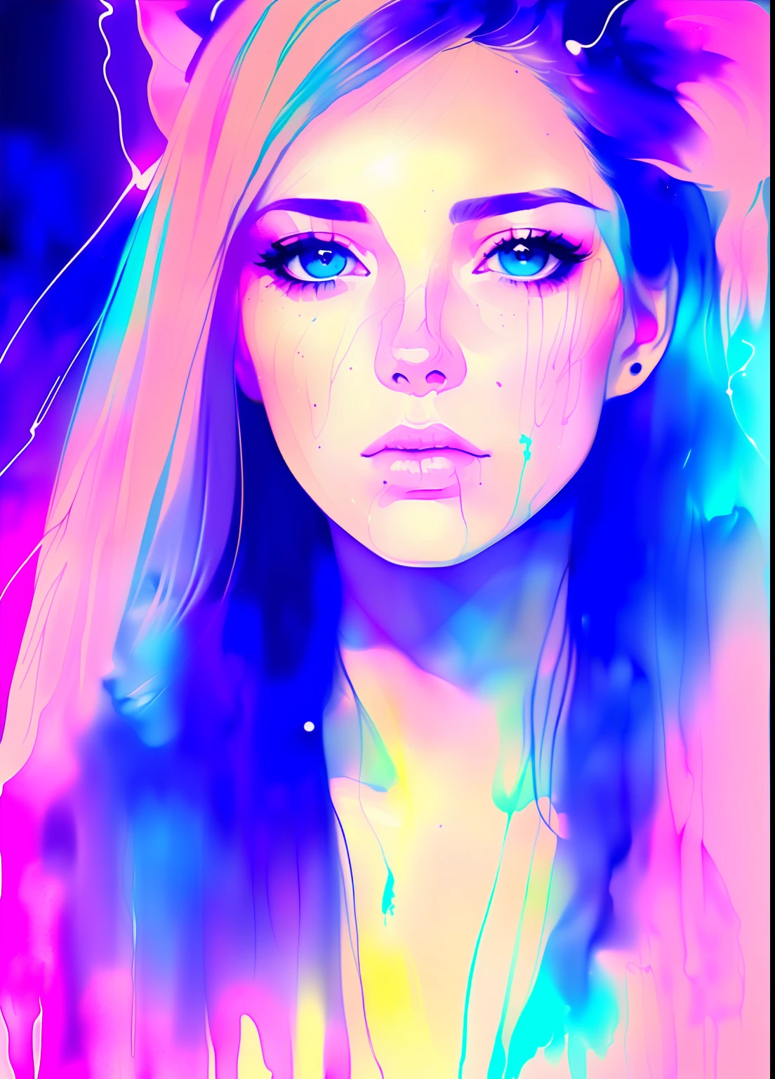 photo, style synthwave woman by agnes cecile, luminous design, pastel colours, ink drips, autumn lights,perfect ears,blue eyes,