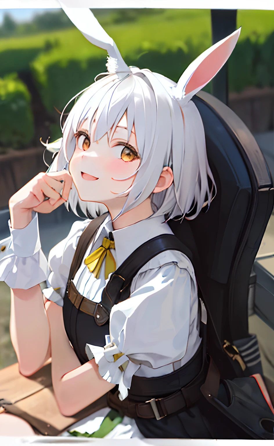 ((masterpiece,best quality)),1girl, solo, animal ears, rabbit, barefoot, knees up, dress, sitting, rabbit ears, short sleeves, looking at viewer, grass, short hair, smile, white hair, puffy sleeves, outdoors, puffy short sleeves, bangs, on ground, full body, animal, white dress, sunlight, brown eyes, dappled sunlight, day, depth of field