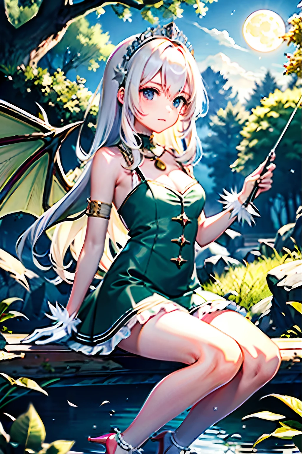 (masterpiece, best quality:1.2), 1girl, solo, cute, kawaii, digital art, magic circle, platinum blonde hair, finely detailed eyes, embarrassed expression, sweat, frilly dress, pink color scheme, high heels, white gloves, heart-shaped necklace, tiara, wielding a wand, dragon, forest, fire breath, wings, scales, sharp claws, spiky tail, trees, moss, moonlight filtering through leaves, fallen leaves, bushes, rocks, river, bridge, night clouds, starry sky, windy, leaves rustling,