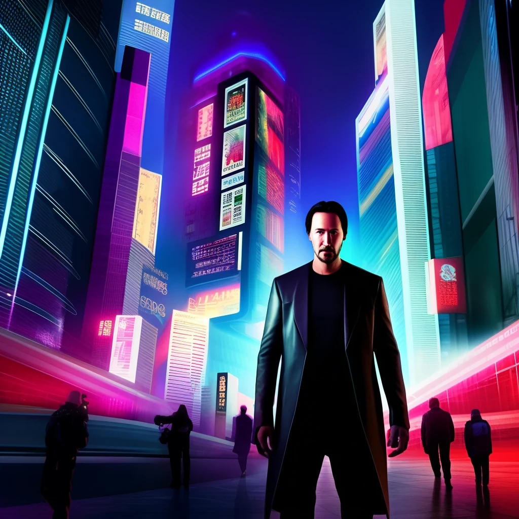 cyberpunk a futuristic cityscape with a background at night time with bright lights and a bright moon,Keanu Reeves