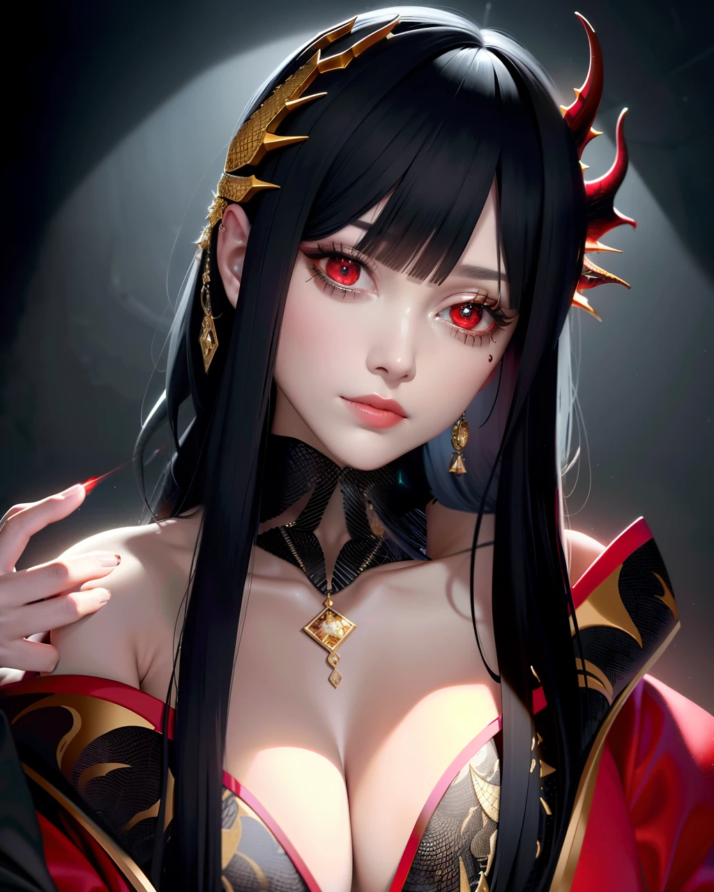 masterpiece, best quality, 1lady, Pretty, Black hair, {Red glowing eyes}, Black dragon scales, black dragon tail, Dark Forest, firelight, Arkenberg diamonds, scorn, Richly decorated clothes, Pick and dye your hair, Gold cumbersome decoration, chain