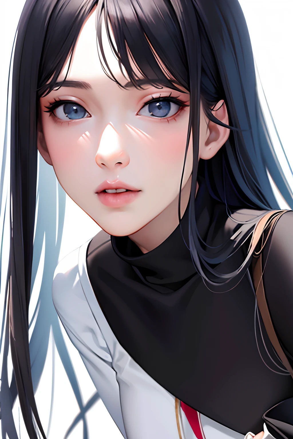 ((masterpiece, best_quality)), 1girl, (photorealistic:1.4), solo, white_background, black_hair, long_hair, zettai_ryouiki, skirt, ((full_body)),