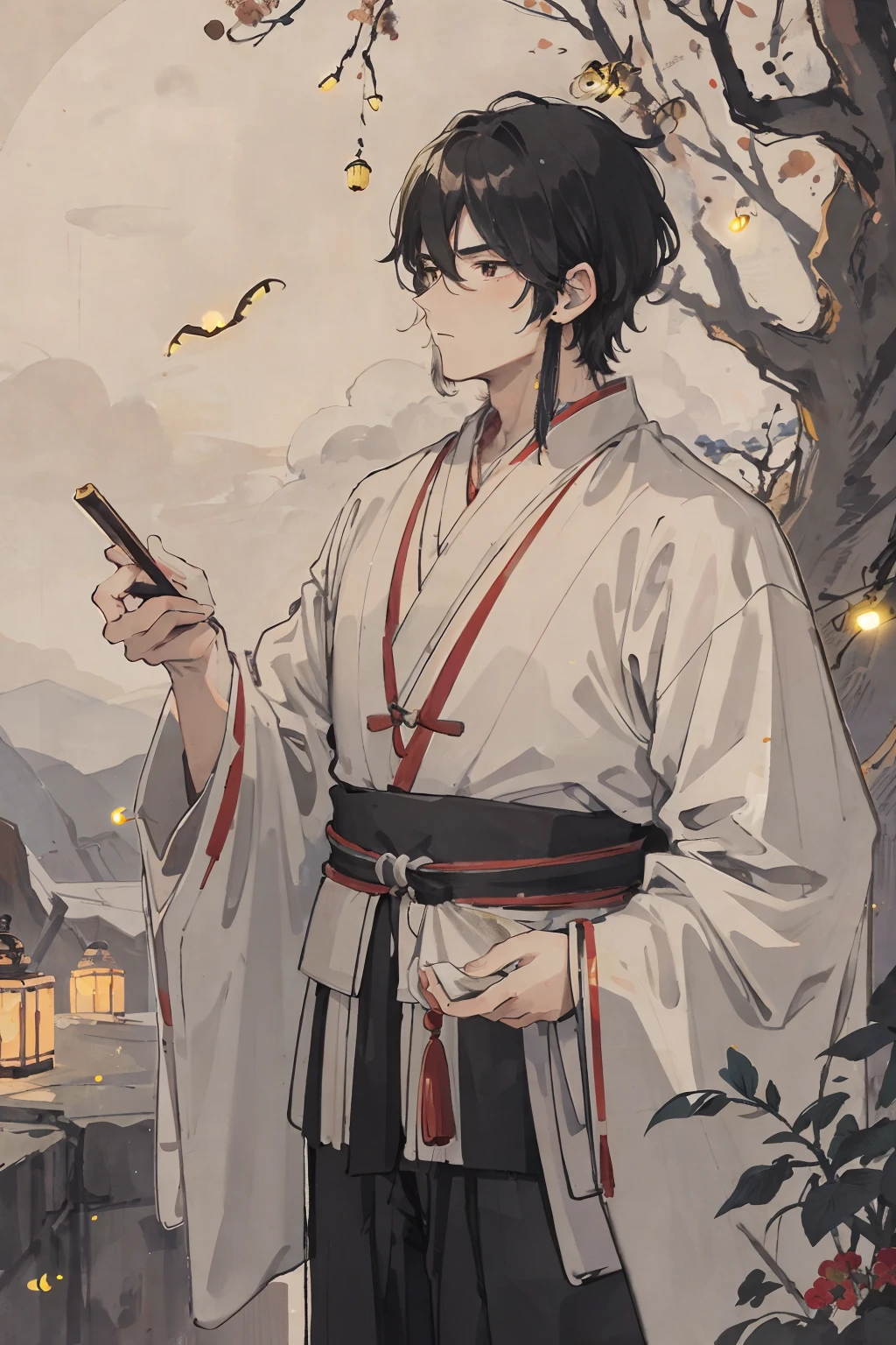 masterpiece, best quality, night, hill, clouds, full moon, very short hair, a man with big pecs, , fireflies.ancient style,chinese man face