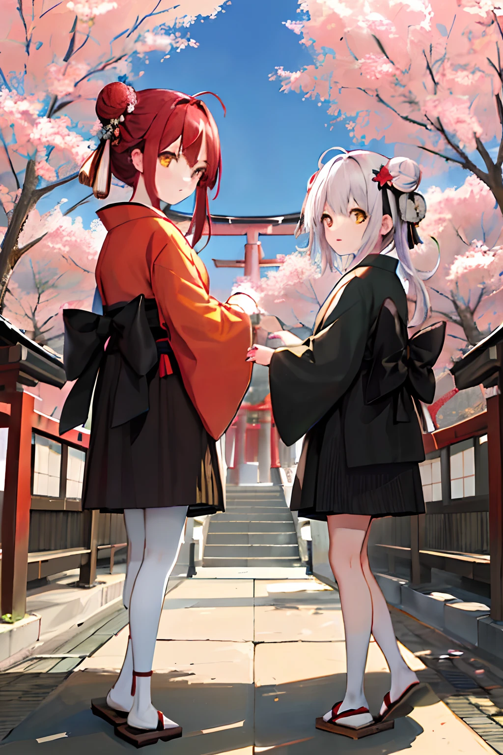 ((masterpiece,best quality)),2girls, black kimono, black legwear, black ribbon, black hair, cherry blossoms, day, flower, hair bun, hair ribbon, japanese clothes, kimono, long hair, looking at viewer, looking back, multiple girls, obi, outdoors, red eyes, red hair, ribbon, sandals, single hair bun, stairs, standing, statue, torii, tree, white kimono, yellow eyes