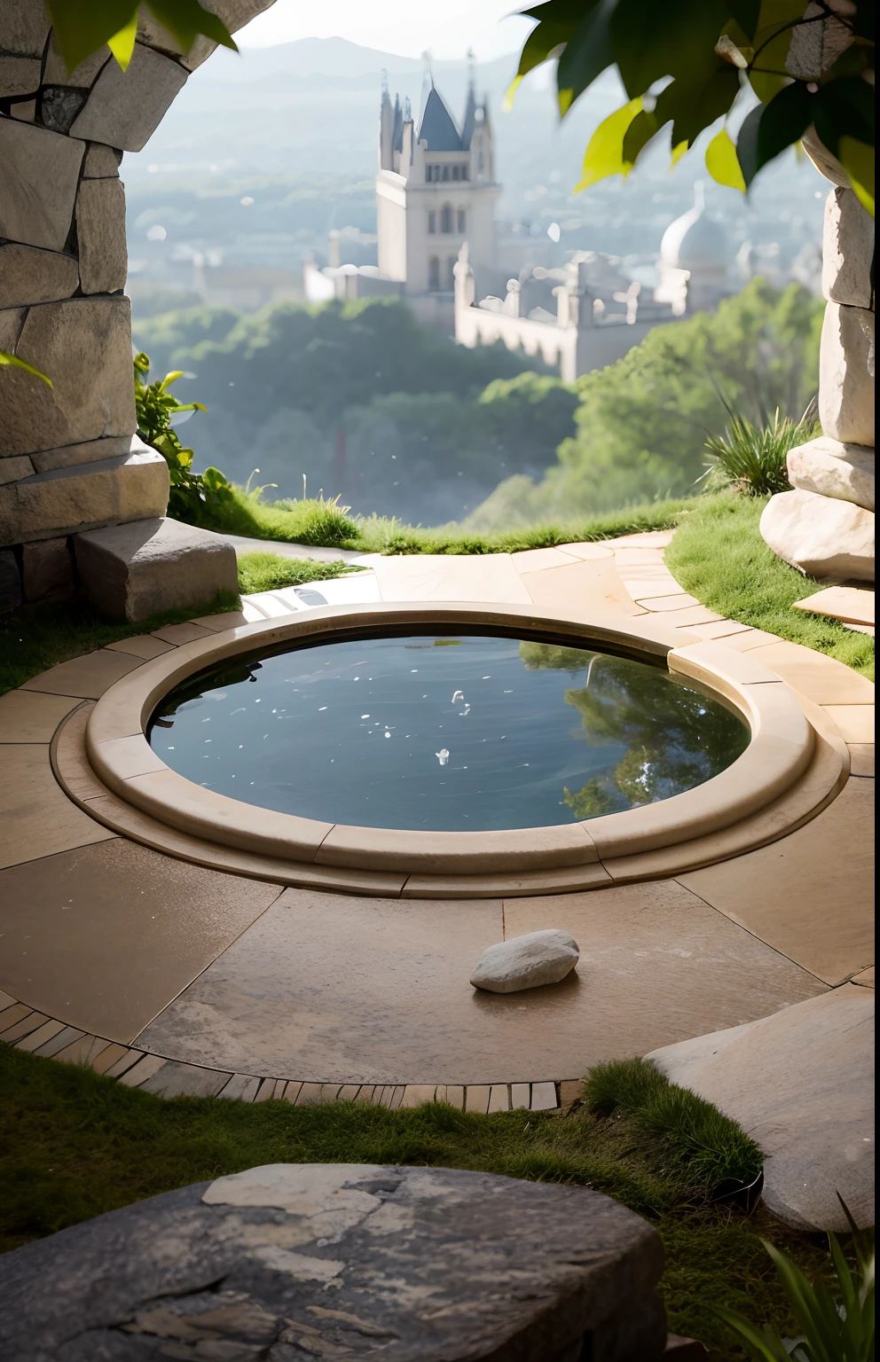 A delicate stone cartoon style scene with soft lighting and a centered stone dome