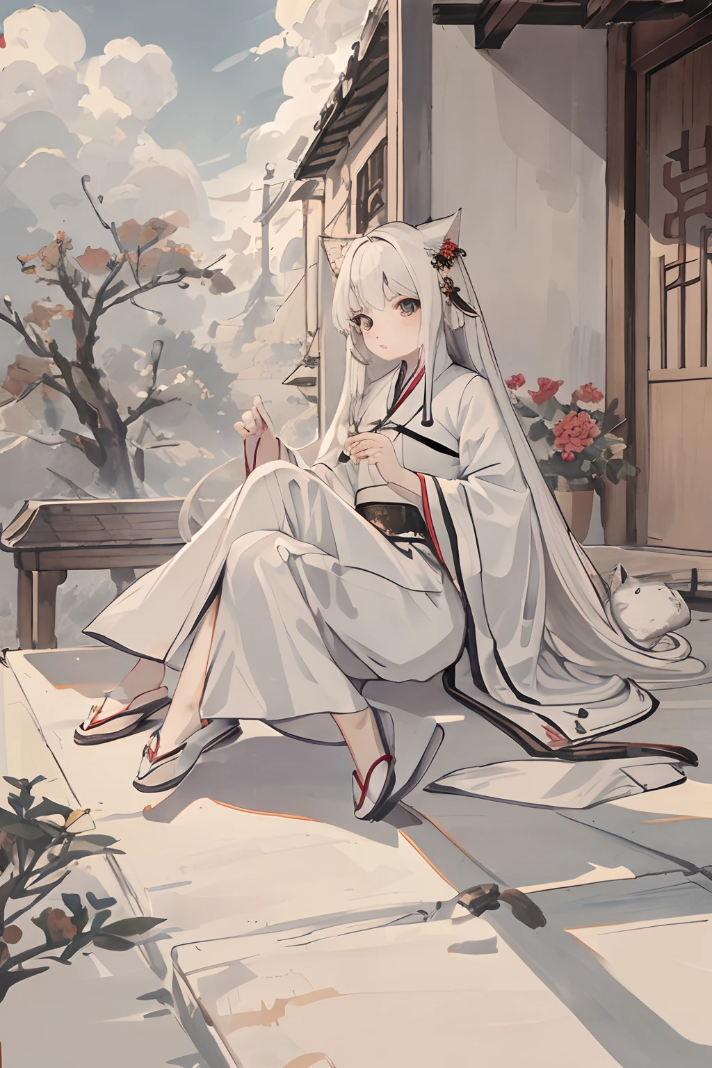 masterpiece, best quality, long hair, girl, white hair,cat,Hanfu,attic