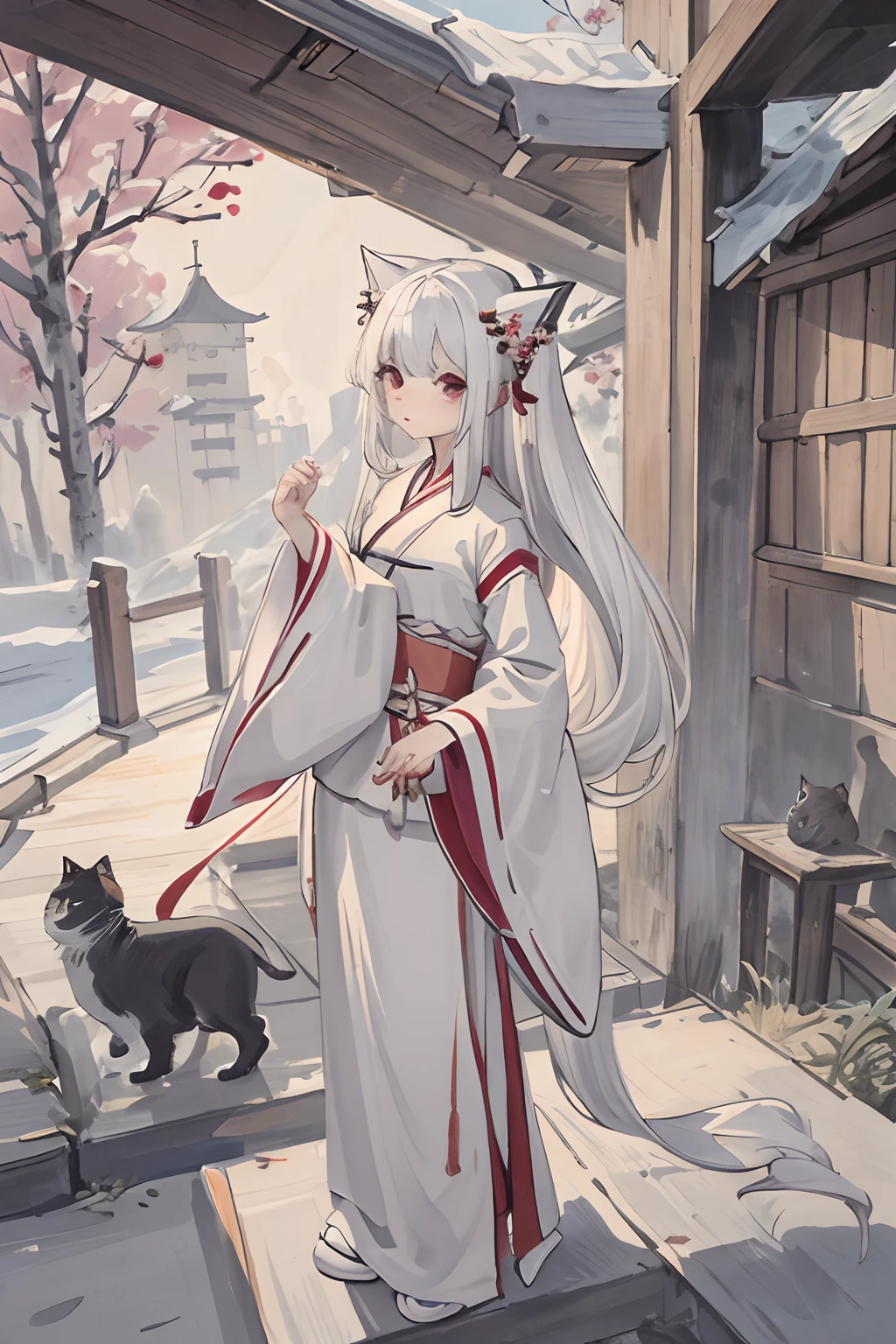 masterpiece, best quality, long hair, girl, white hair,cat,Hanfu,attic