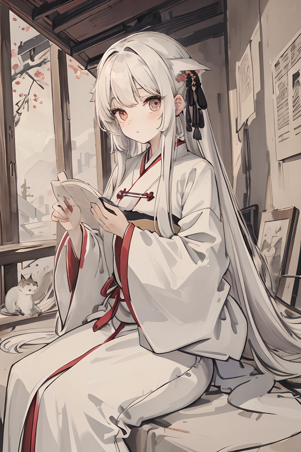 masterpiece, best quality, long hair, girl, white hair,cat,Hanfu,attic