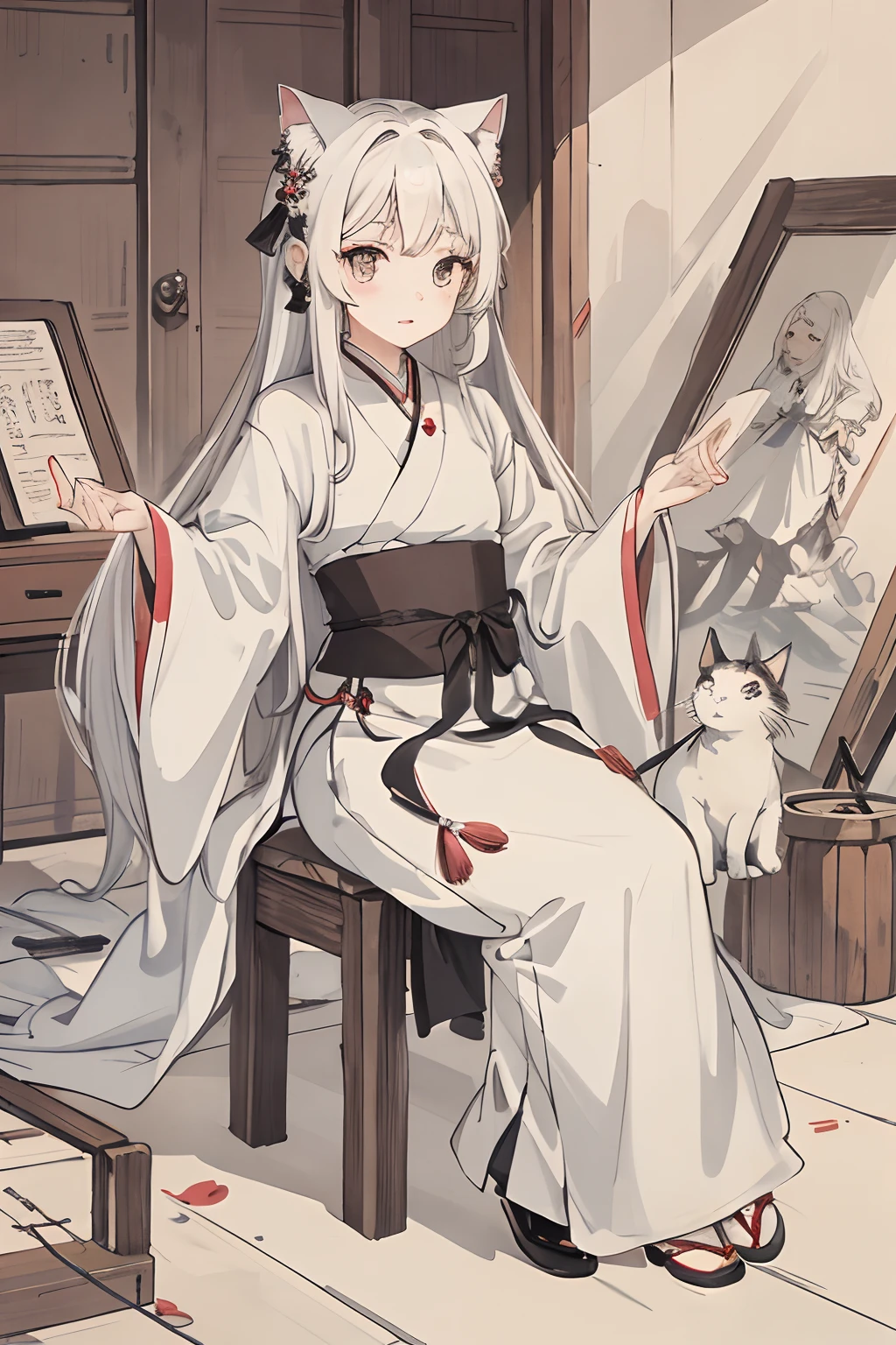 masterpiece, best quality, long hair, girl, white hair,cat,Hanfu,attic